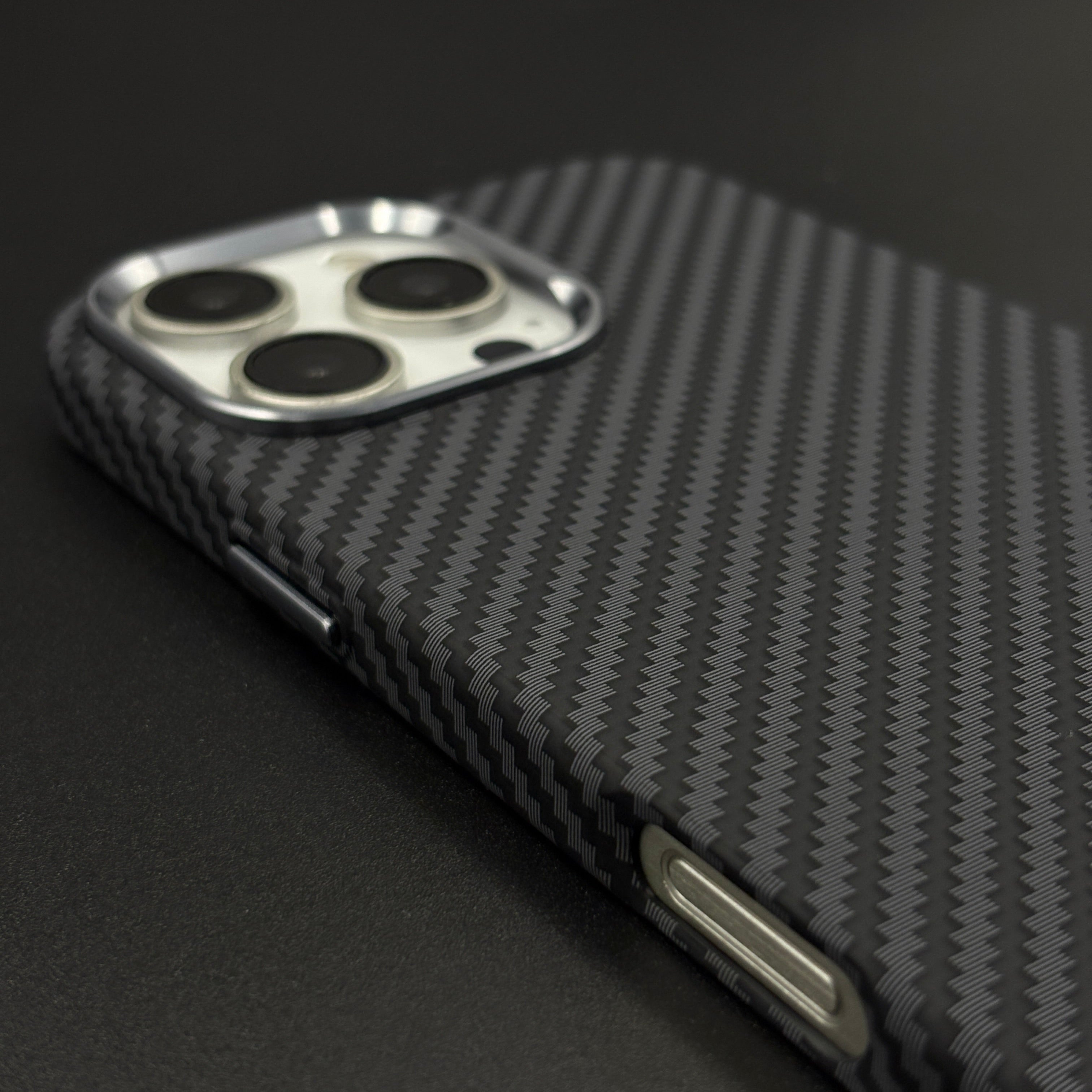 iPhone Series Black Premium Slim Case | Rare Aramid Texture Finish | Real Carbon Fibre Feel | Hidden MagSafe