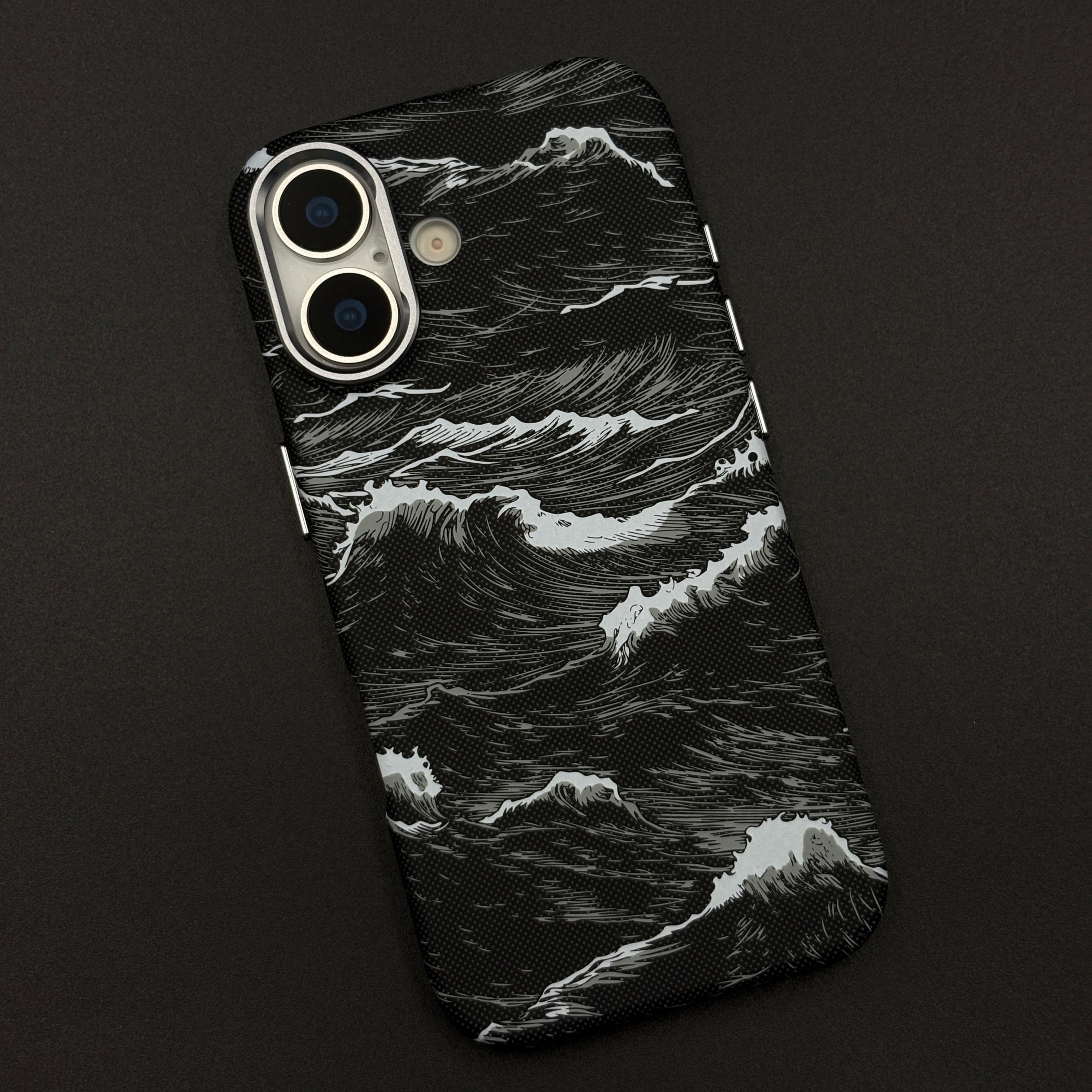 Wave Pattern Black Carbon Fiber Textured Hidden MagSafe Case Cover for iPhone 17