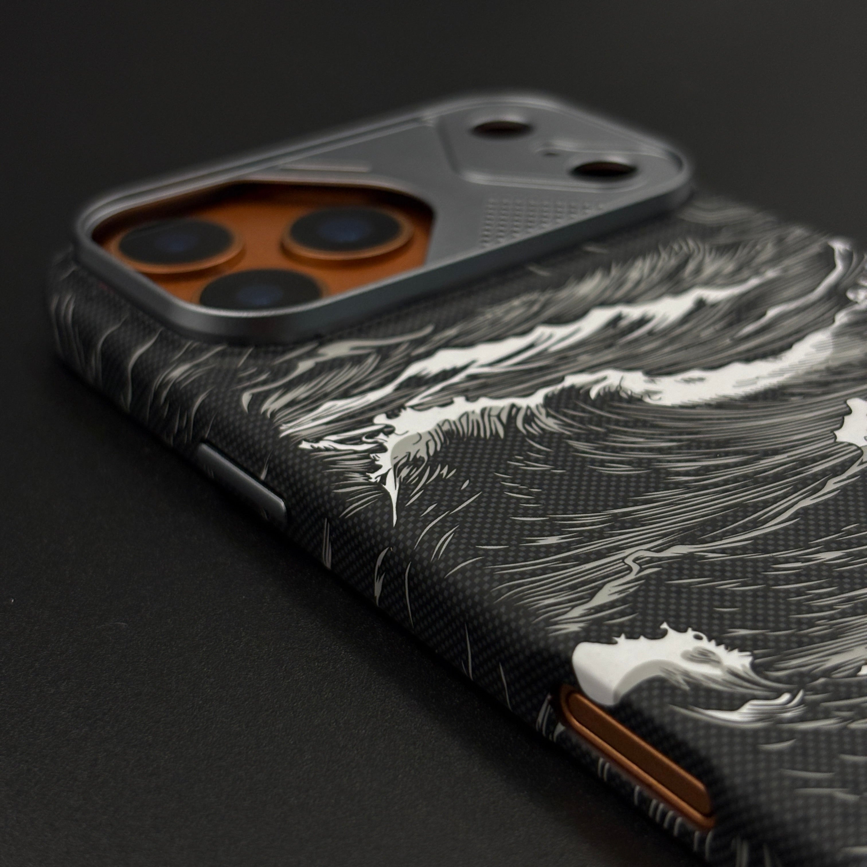 Wave Pattern Black Carbon Fiber Textured Hidden MagSafe Case Cover for iPhone 17 Series