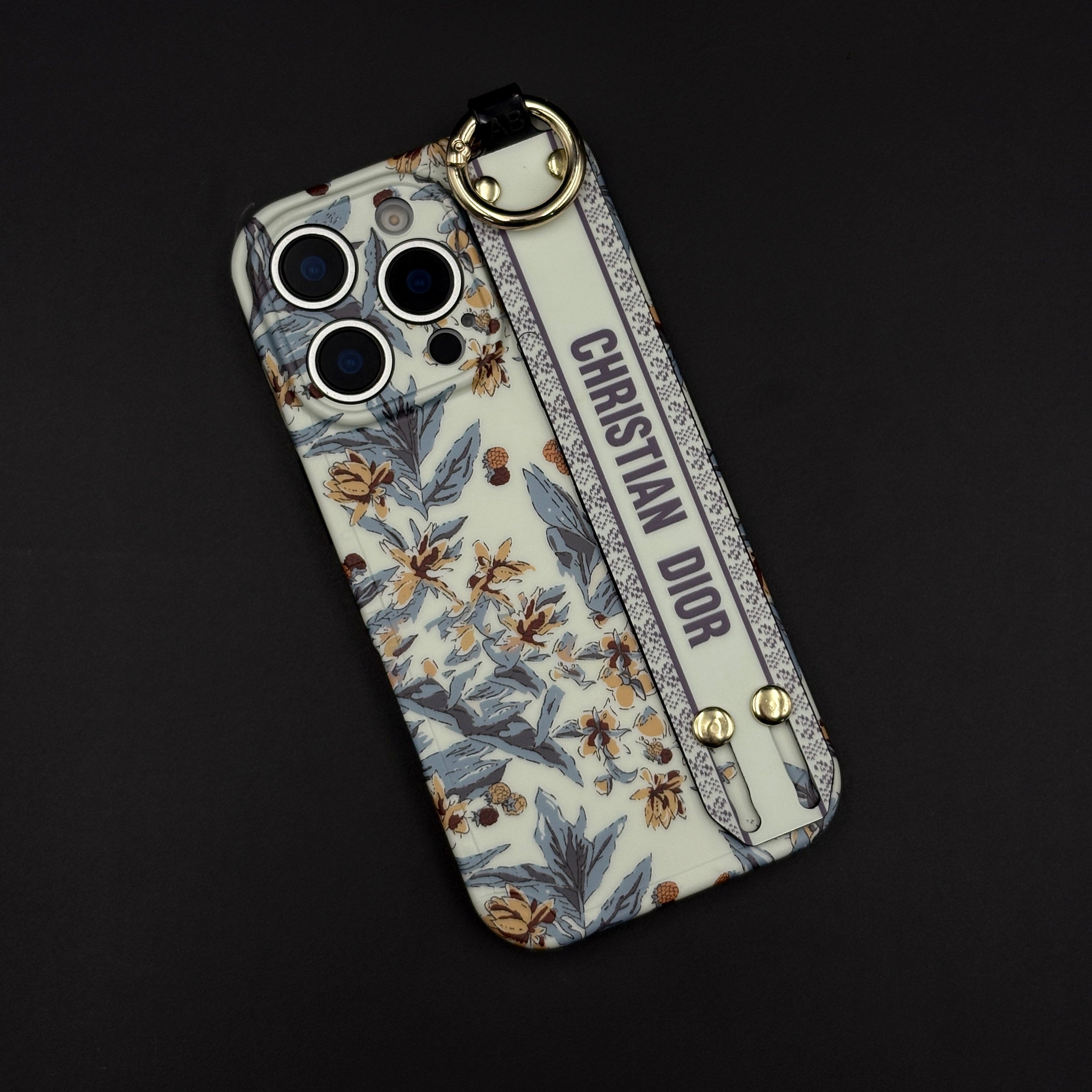 CD Floral Belt Case Cover for iPhone 16 Series | Premium Brand Edition | Hand Strap Designer Protection
