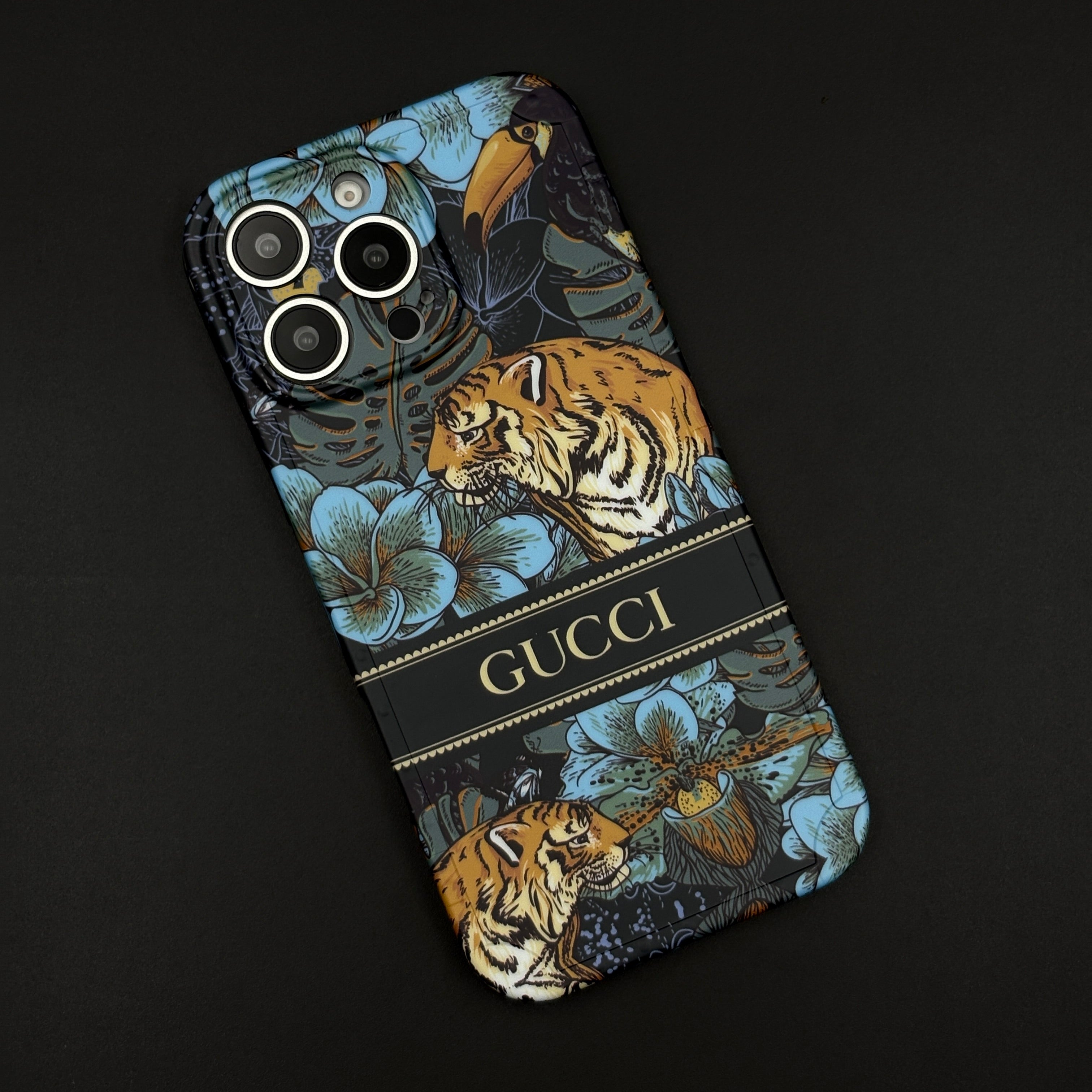 iPhone 15 Series Luxury GG Tiger Design Camera Protection Case Cover