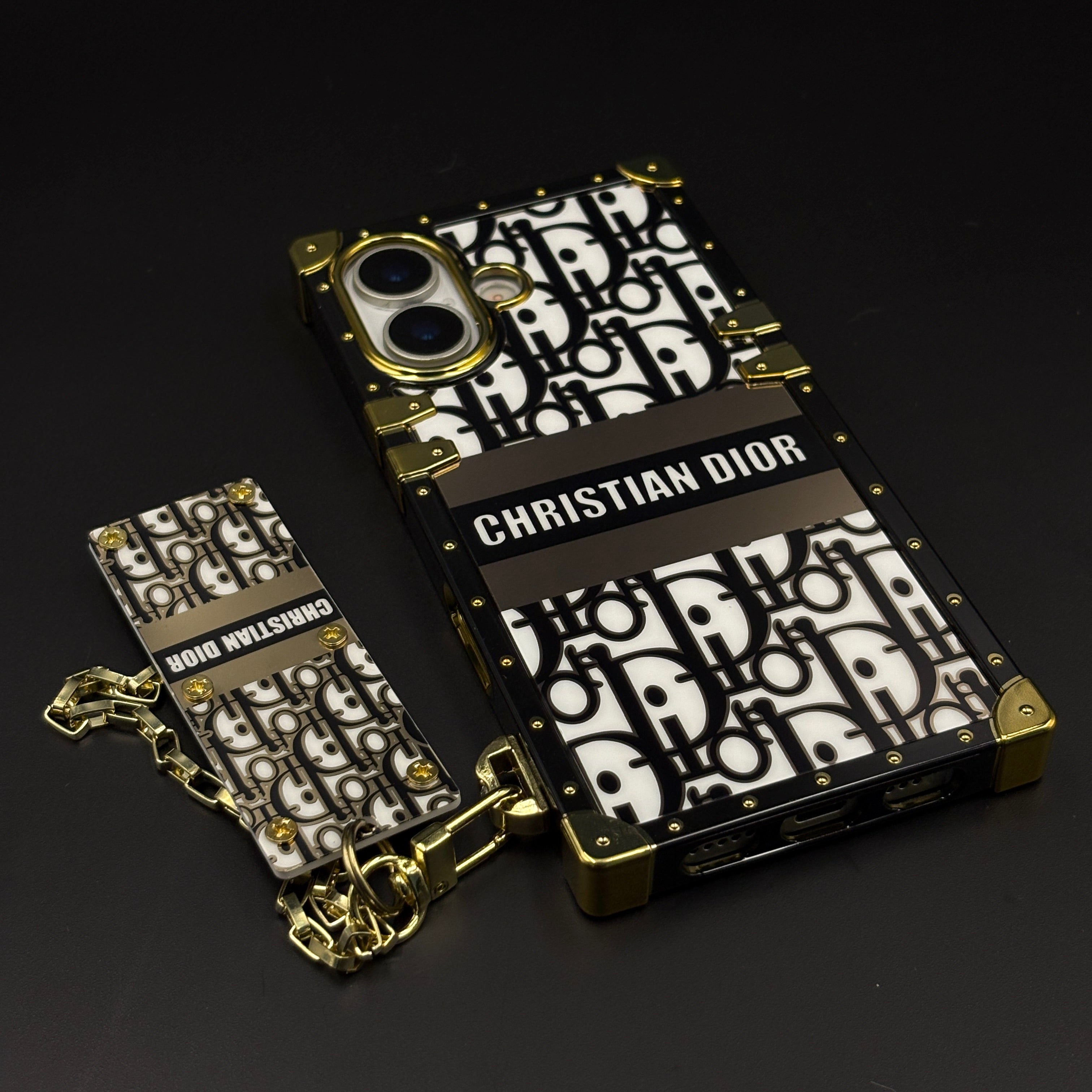 Luxury CD Trunk Phone Case Cover with Chain for iPhone 17 | Designer Metal Frame | Gold Monogram