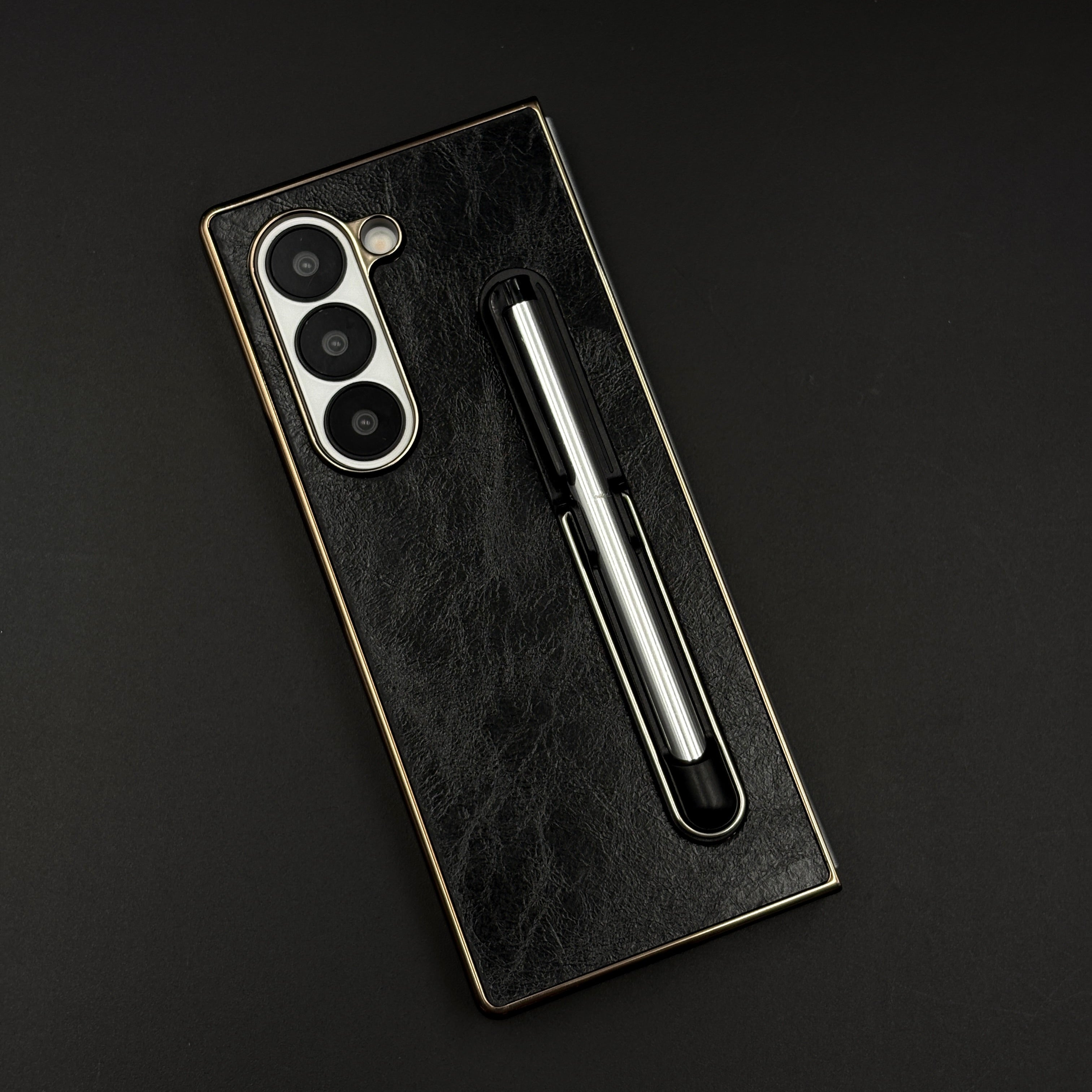 Leather Case with Pen & Holder for Samsung Galaxy Z Fold 6 | Kickstand | Gold Chrome Finish