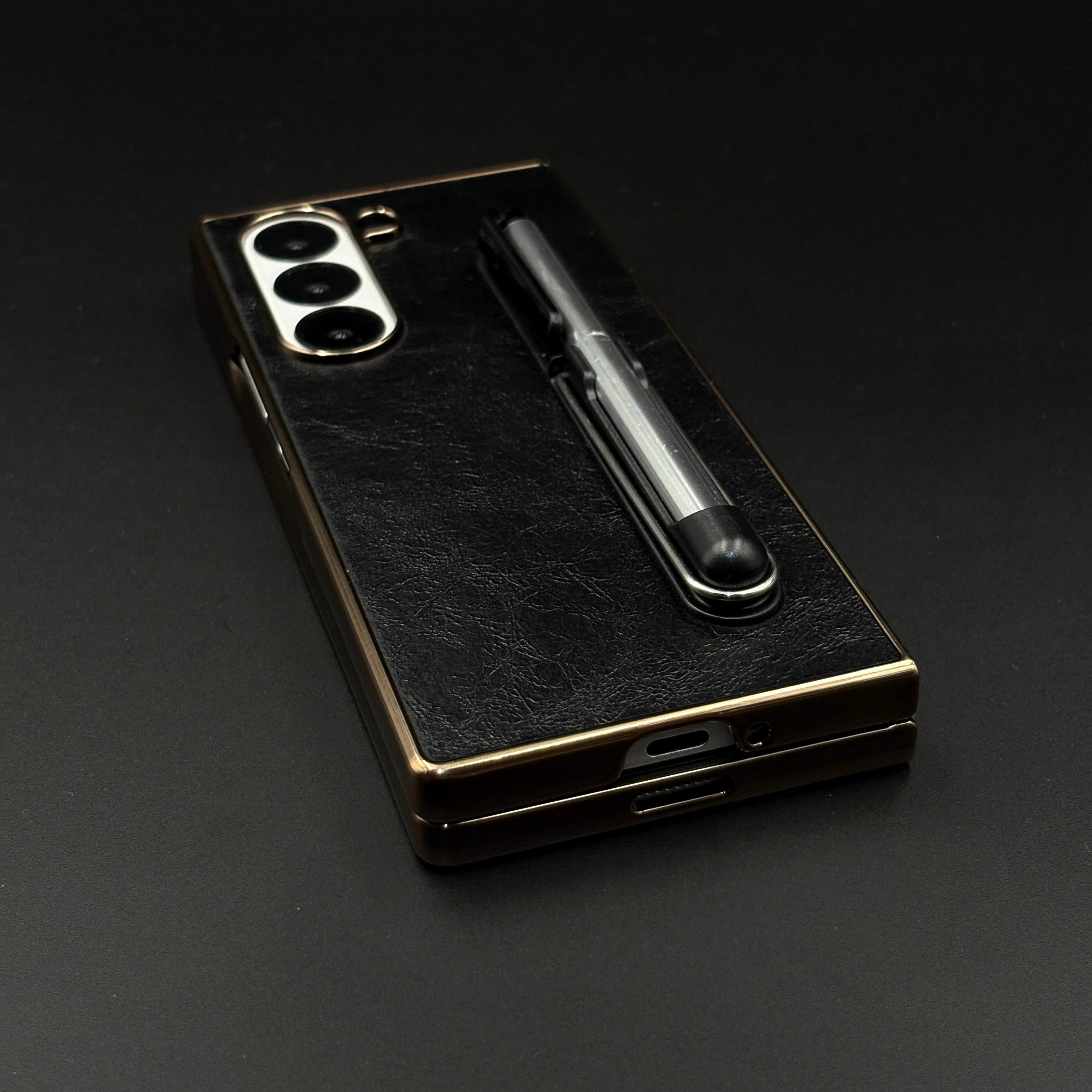 Leather Case with Pen & Holder for Samsung Galaxy Z Fold 6 | Kickstand | Gold Chrome Finish