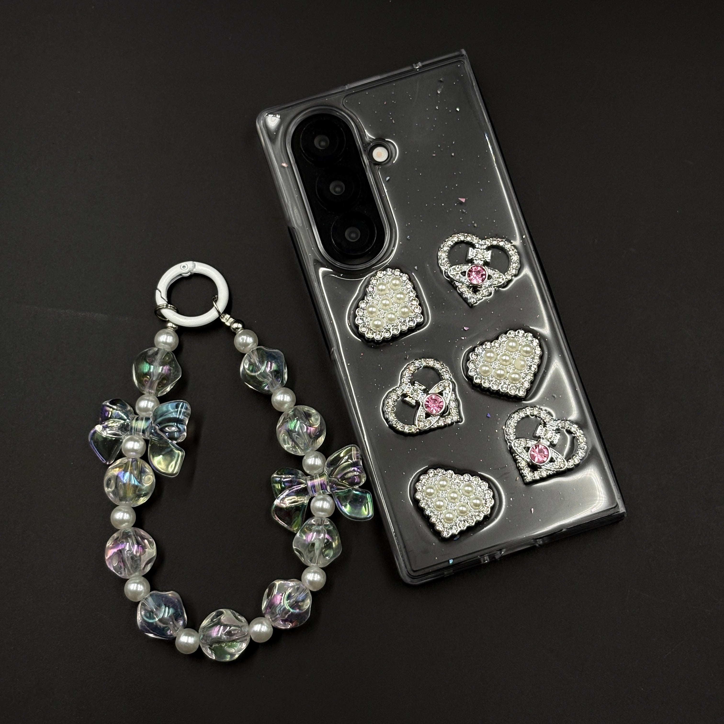 Luxury Pearl Heart Case with Beaded Strap for Samsung Galaxy Z Fold 7 | Glitter Transparent Cover