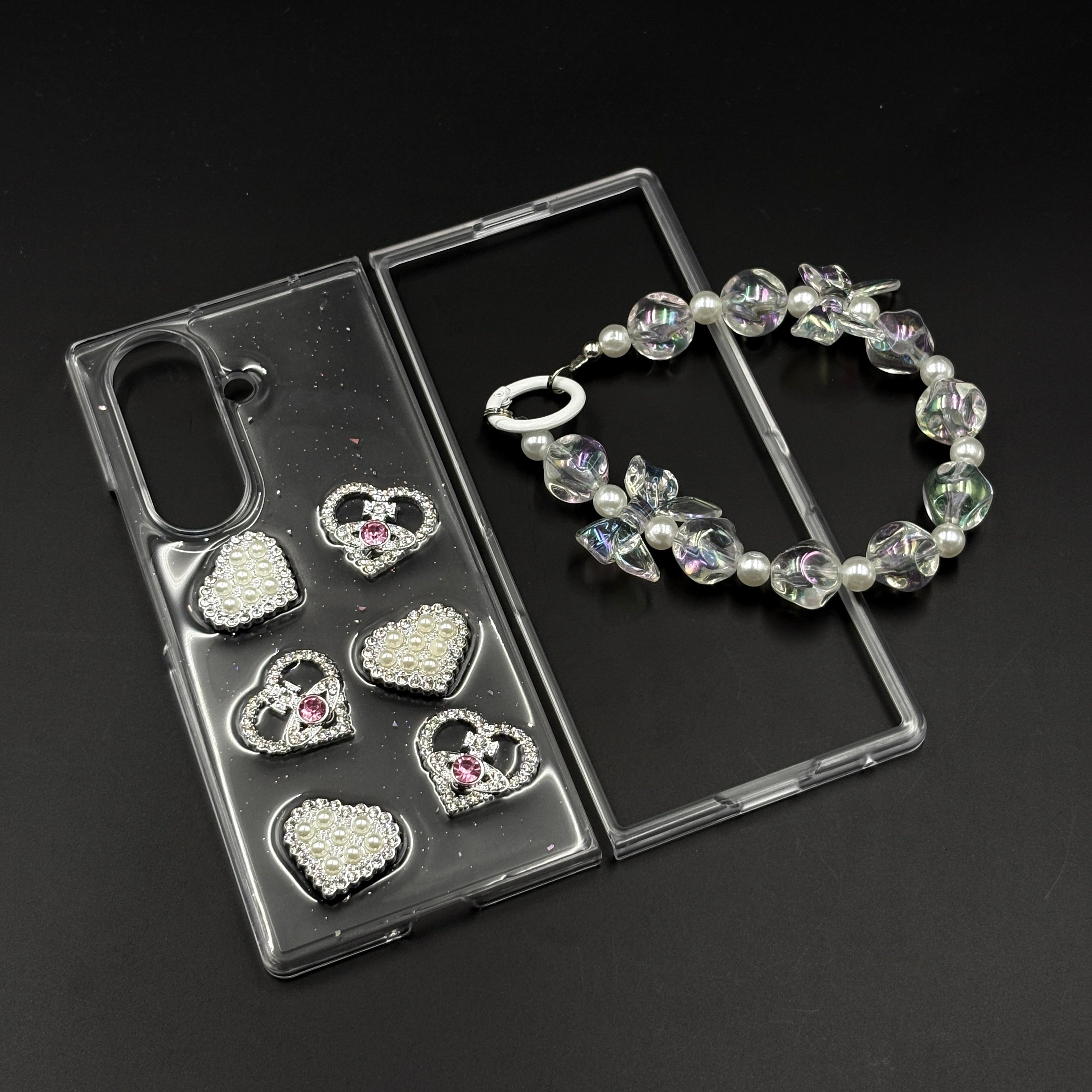 Luxury Pearl Heart Case with Beaded Strap for Samsung Galaxy Z Fold 7 | Glitter Transparent Cover