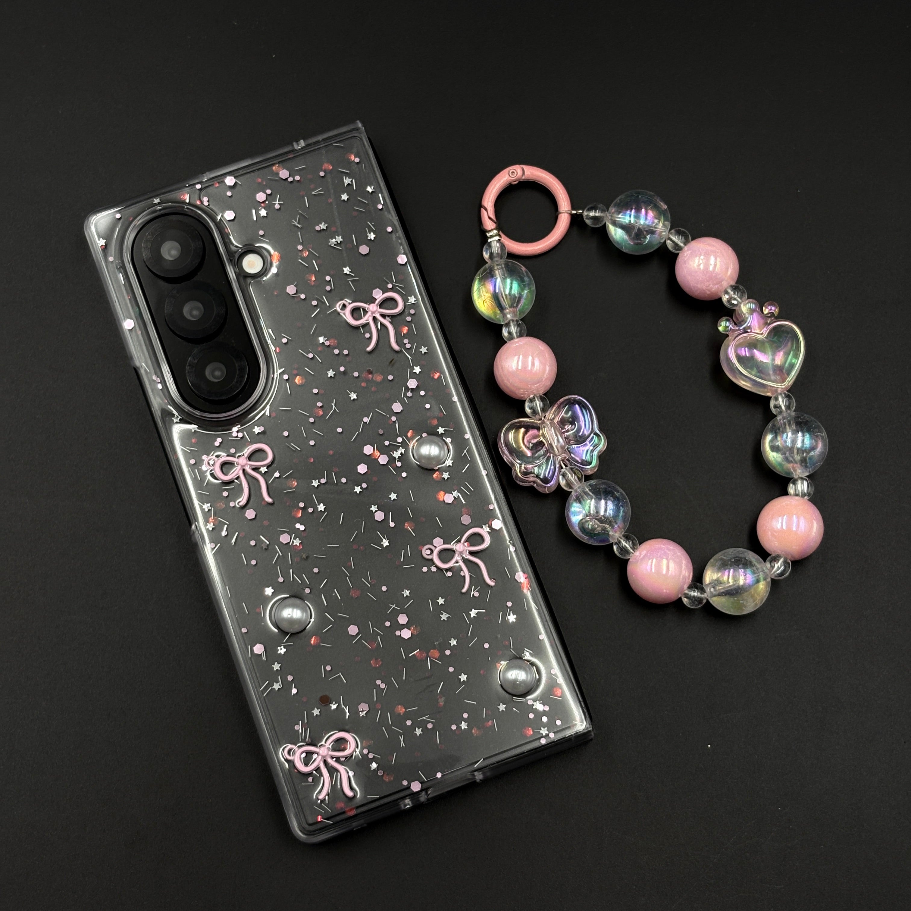Samsung Galaxy Z Fold 7 Cute Pink Glitter Case with Pearl & Charm Strap | Protective Transparent Cover