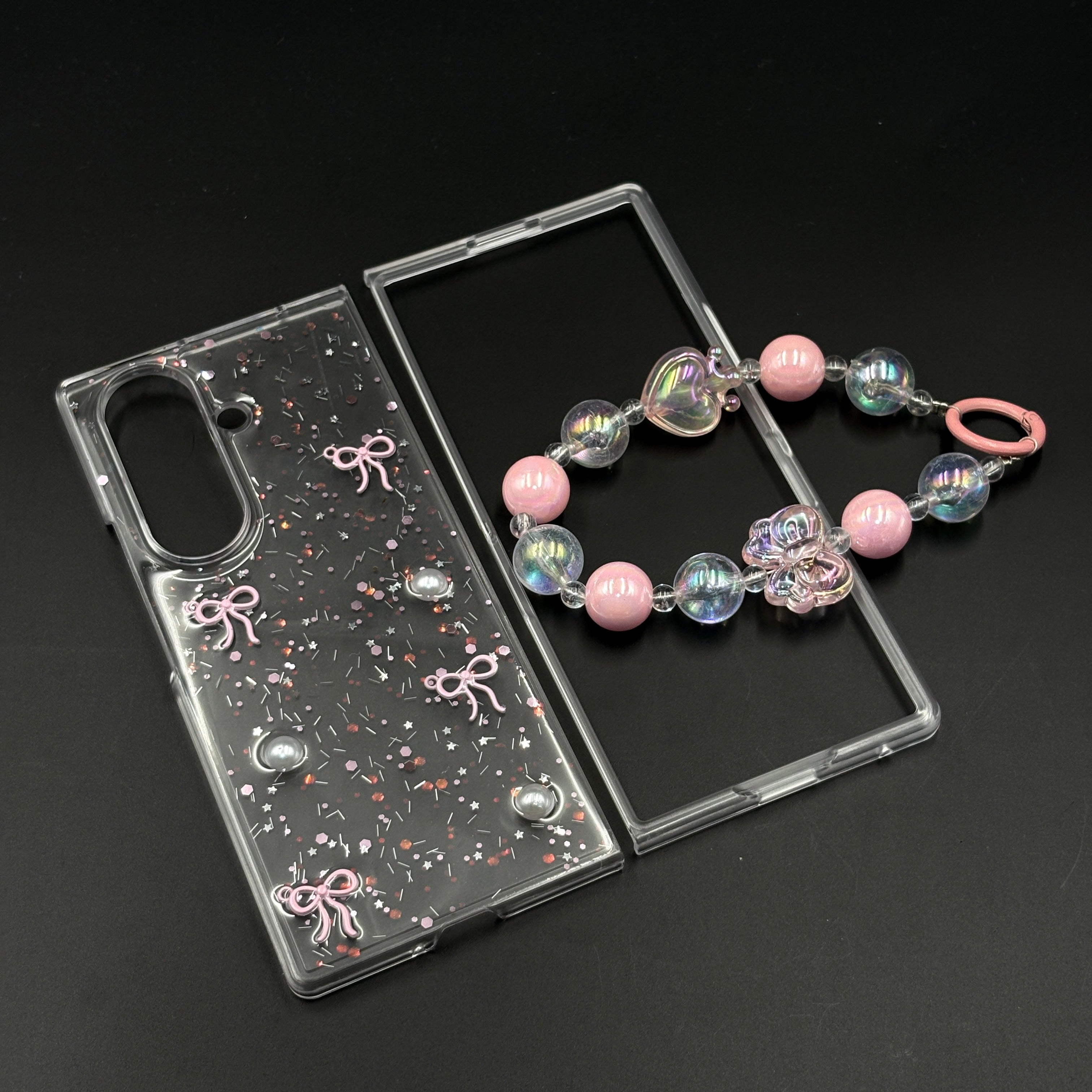 Samsung Galaxy Z Fold 7 Cute Pink Glitter Case with Pearl & Charm Strap | Protective Transparent Cover
