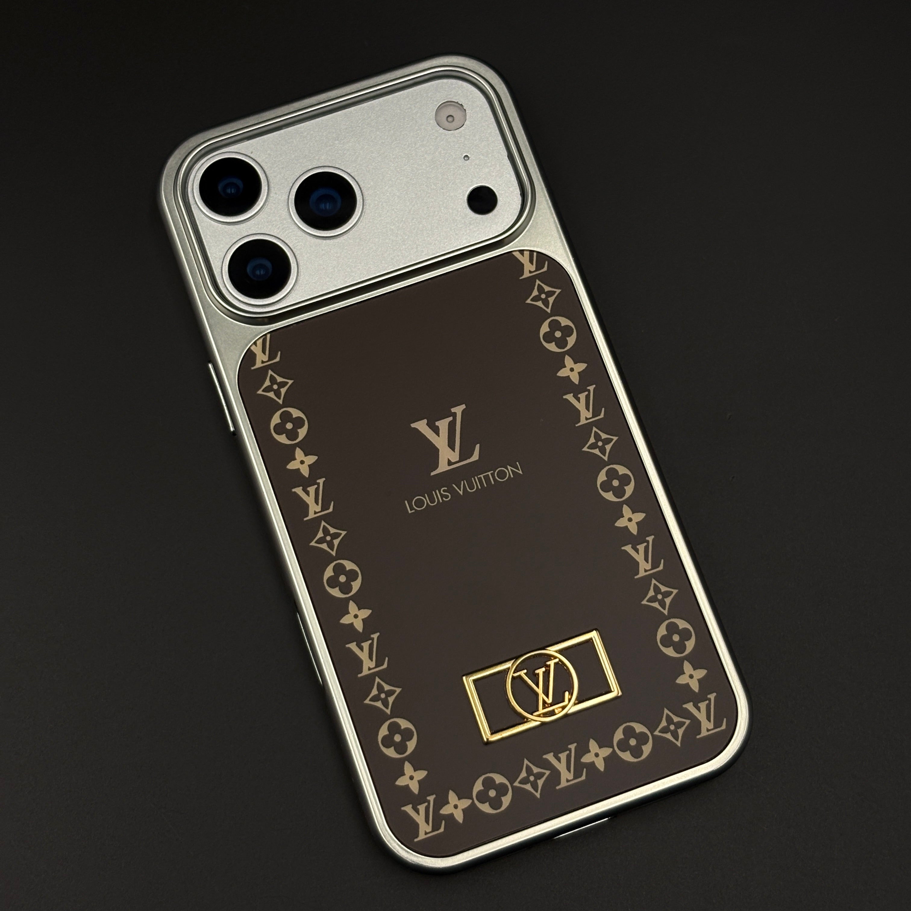 Luxury Monogram Border Metal Style Frame Brown Case for iPhone 17 Series | Premium Back Cover