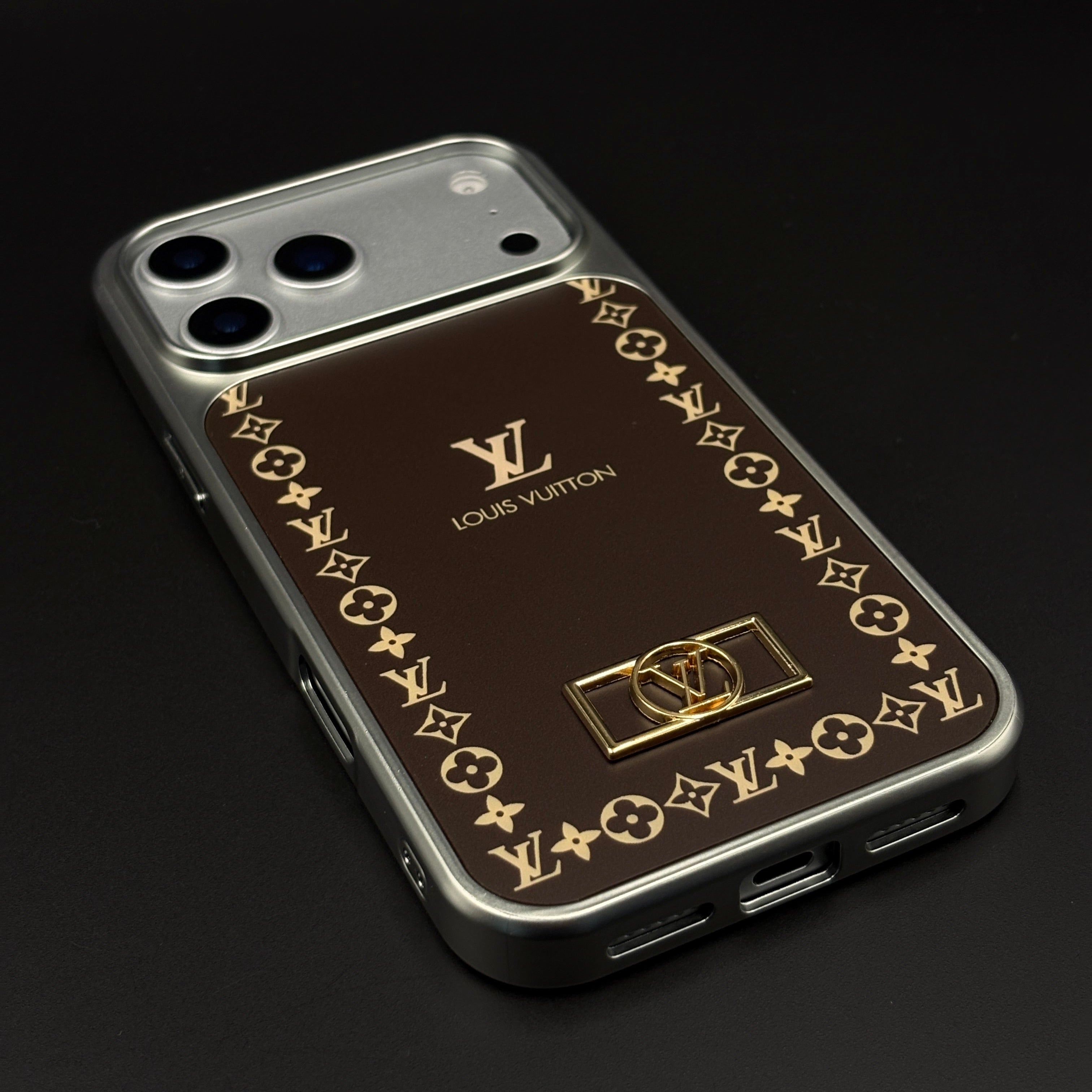 Luxury Monogram Border Metal Style Frame Brown Case for iPhone 17 Series | Premium Back Cover