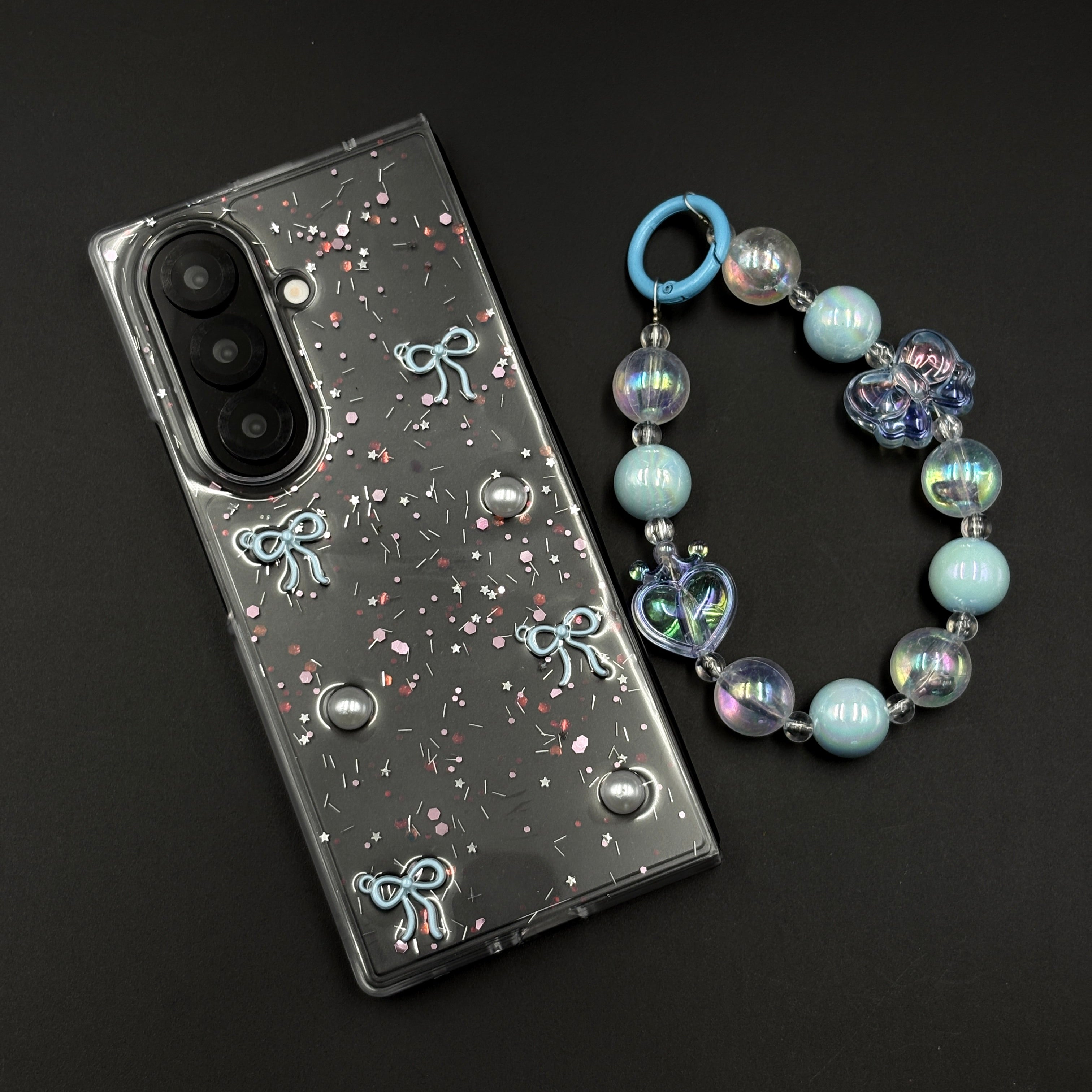 Samsung Galaxy Z Fold 7 Cute Blue Glitter Case with Pearl & Charm Strap | Protective Transparent Cover