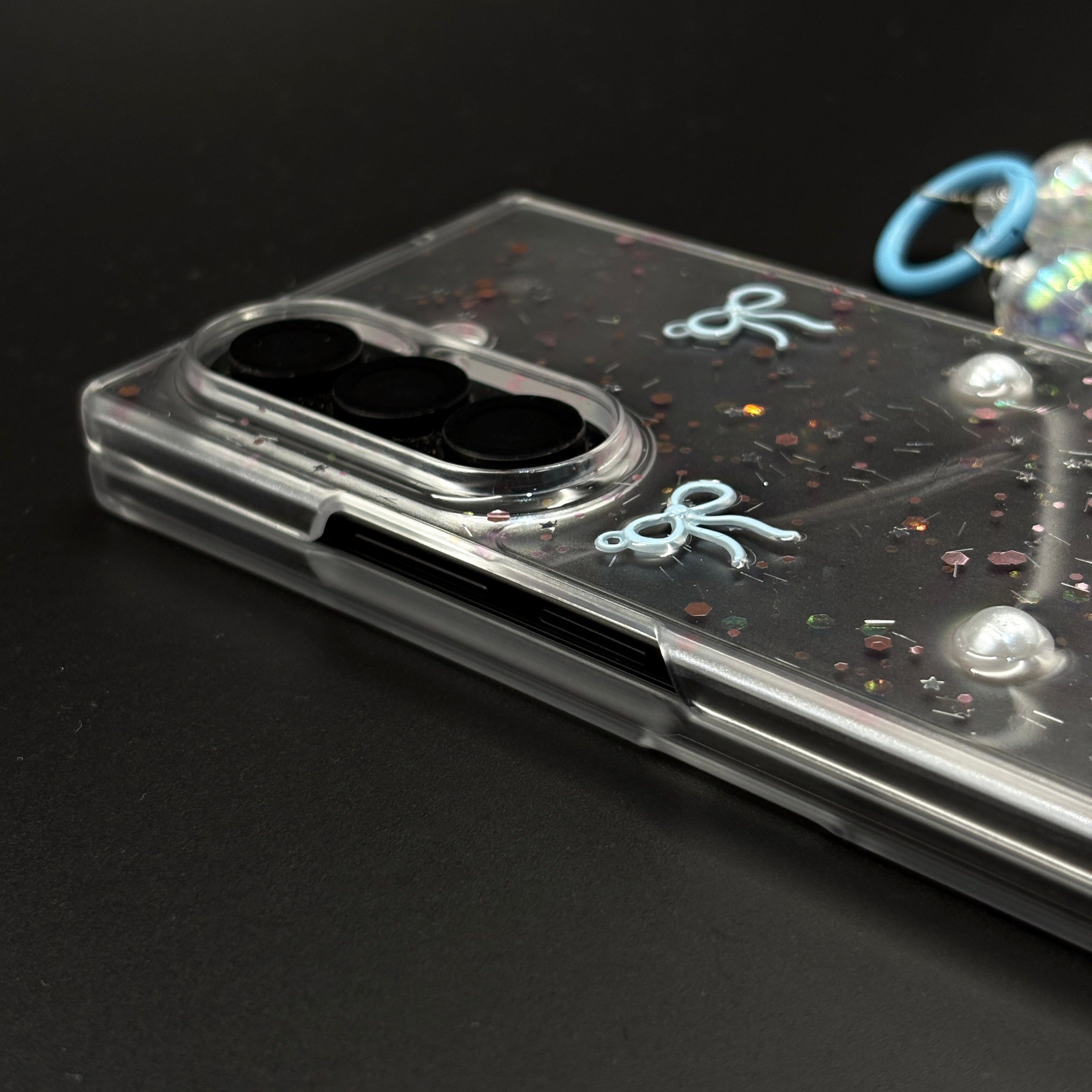 Samsung Galaxy Z Fold 7 Cute Blue Glitter Case with Pearl & Charm Strap | Protective Transparent Cover