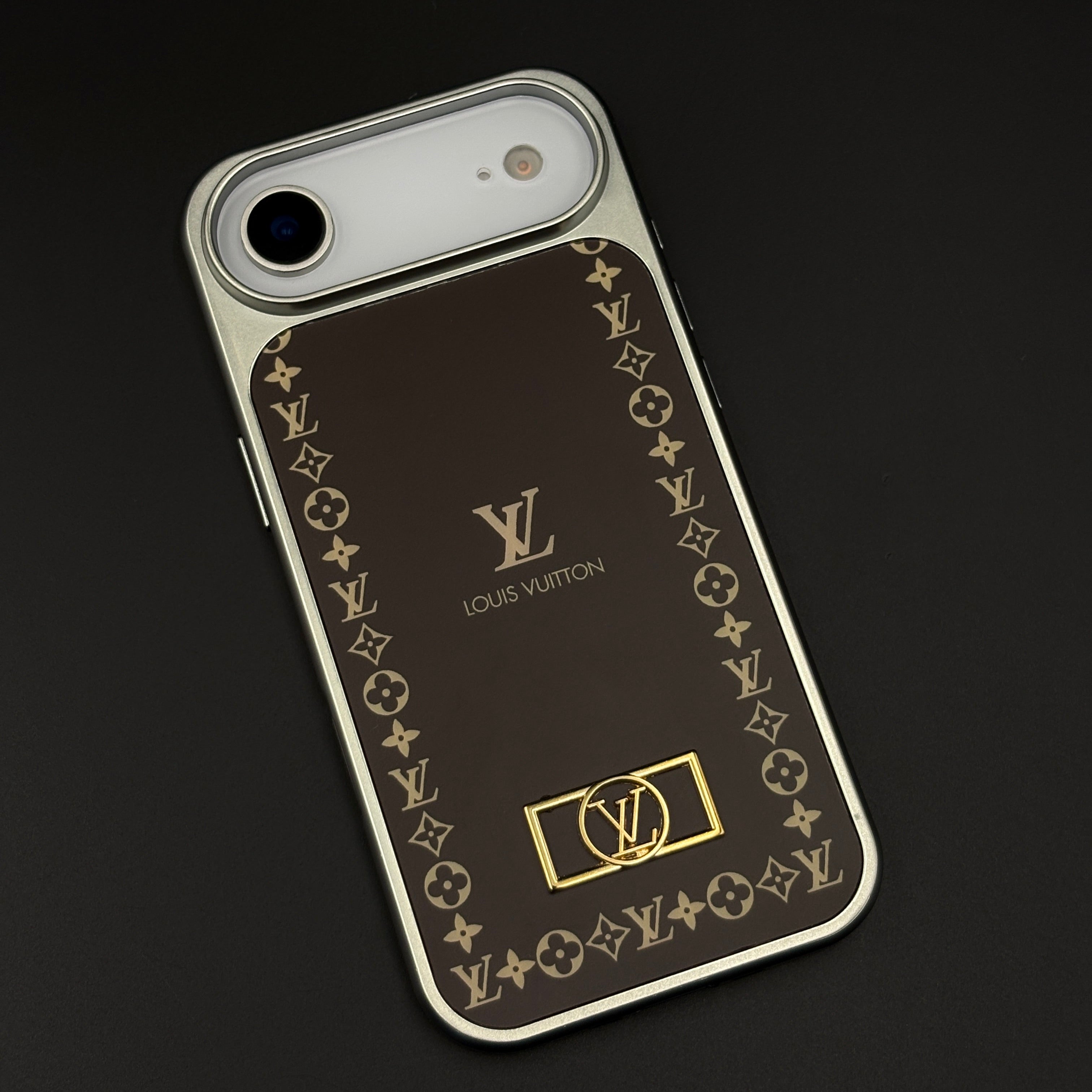 Luxury Monogram Border Metal Style Frame Brown Case for iPhone 17 Air | Premium Back Cover