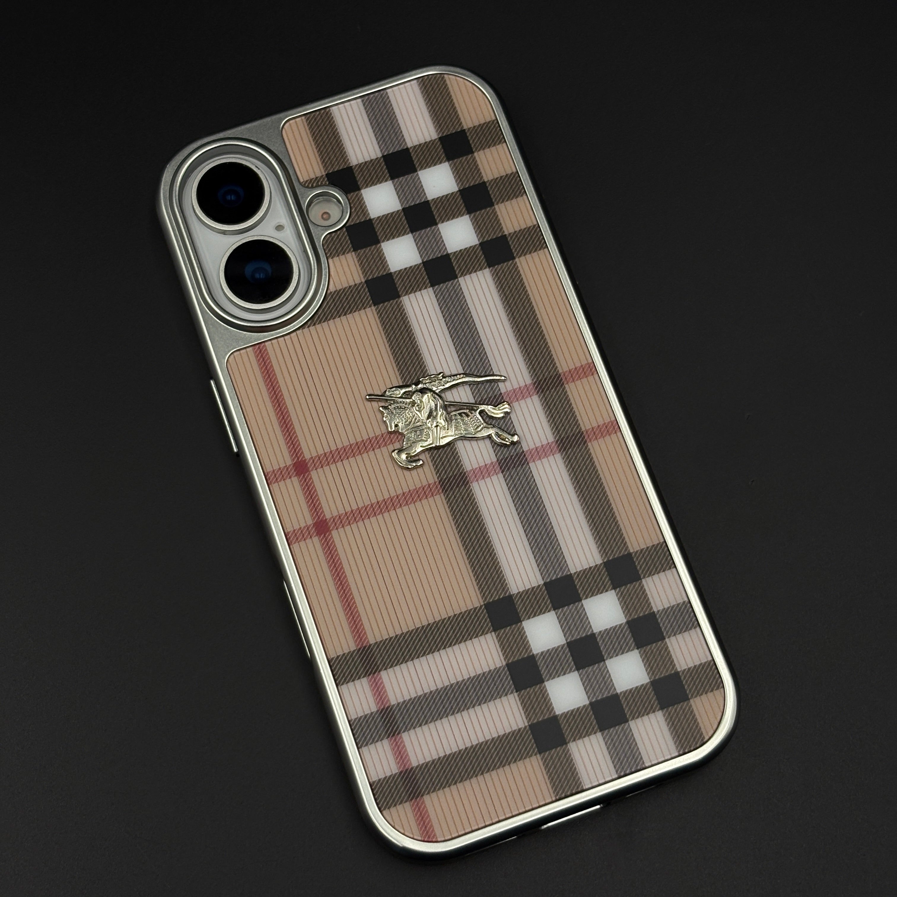 Luxury BBRY Check Plaid Metal Style Frame Case for iPhone 17 | Premium Designer Back Cover