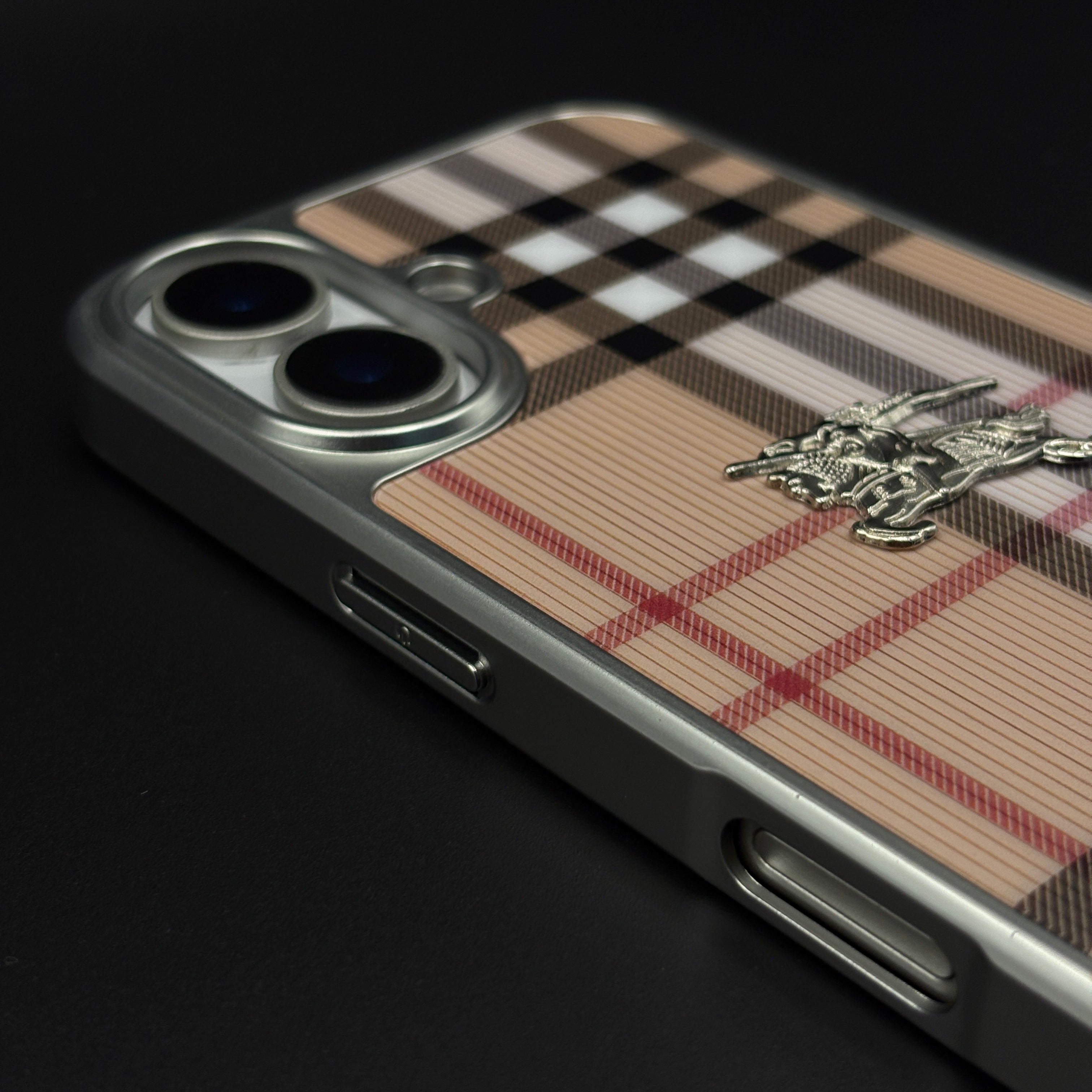 Luxury BBRY Check Plaid Metal Style Frame Case for iPhone 17 | Premium Designer Back Cover