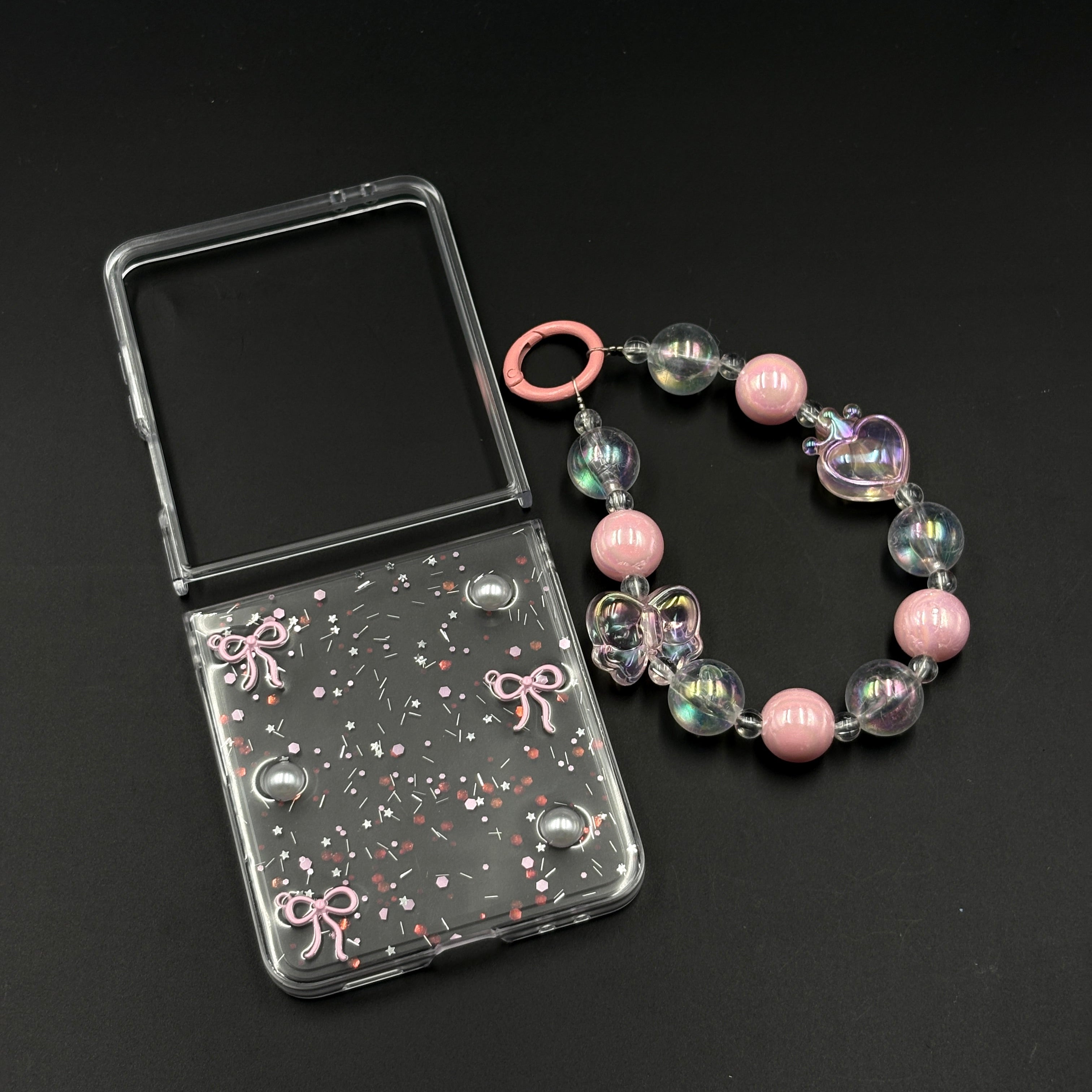 Samsung Galaxy Z Flip 7 Cute Pink Glitter Case with Pearl & Charm Strap | Protective Transparent Cover