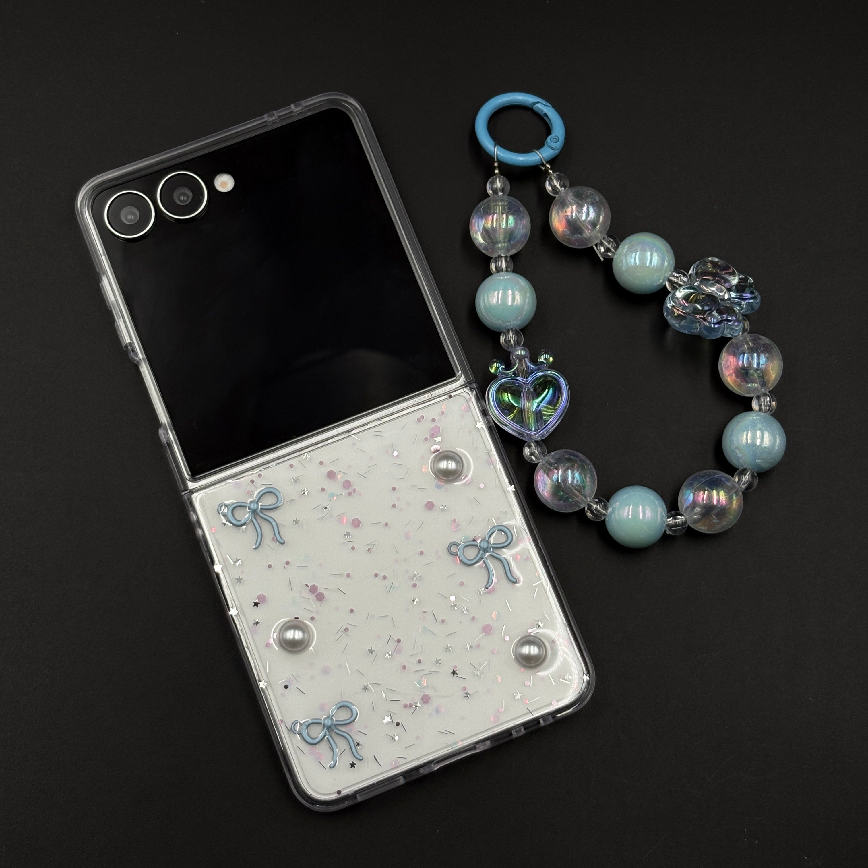 Samsung Galaxy Z Flip 7 Cute Blue Glitter Case with Pearl & Charm Strap | Protective Transparent Cover