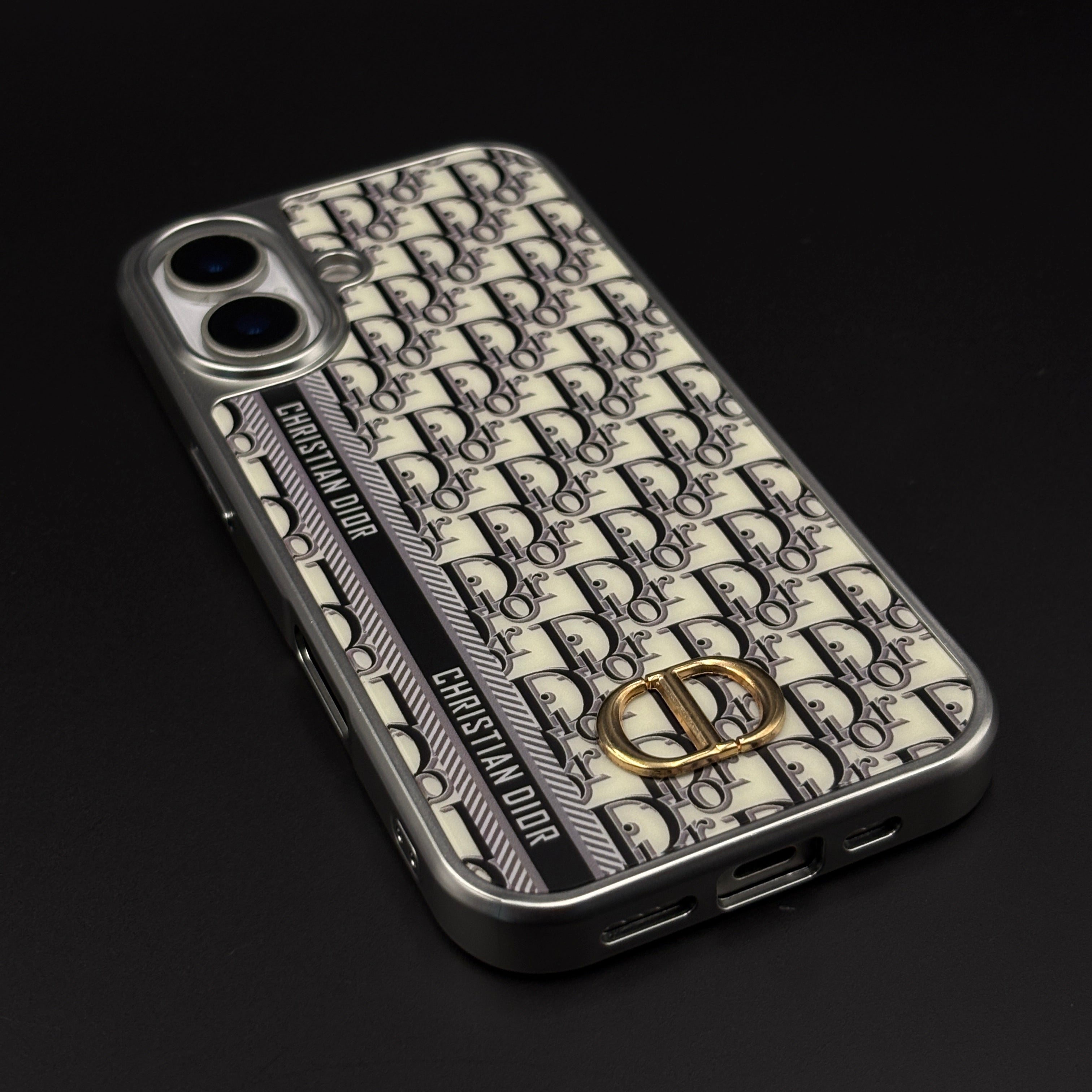 CD Brand Pattern Metal Style Frame Case for iPhone 17 | Premium Designer Back Cover