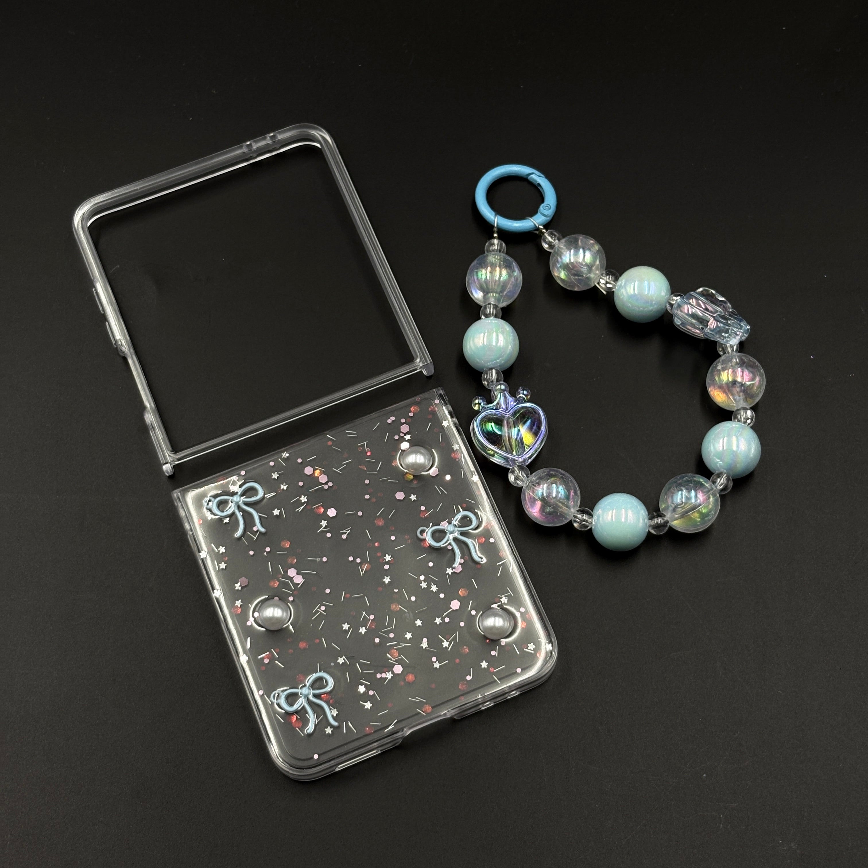 Samsung Galaxy Z Flip 7 Cute Blue Glitter Case with Pearl & Charm Strap | Protective Transparent Cover
