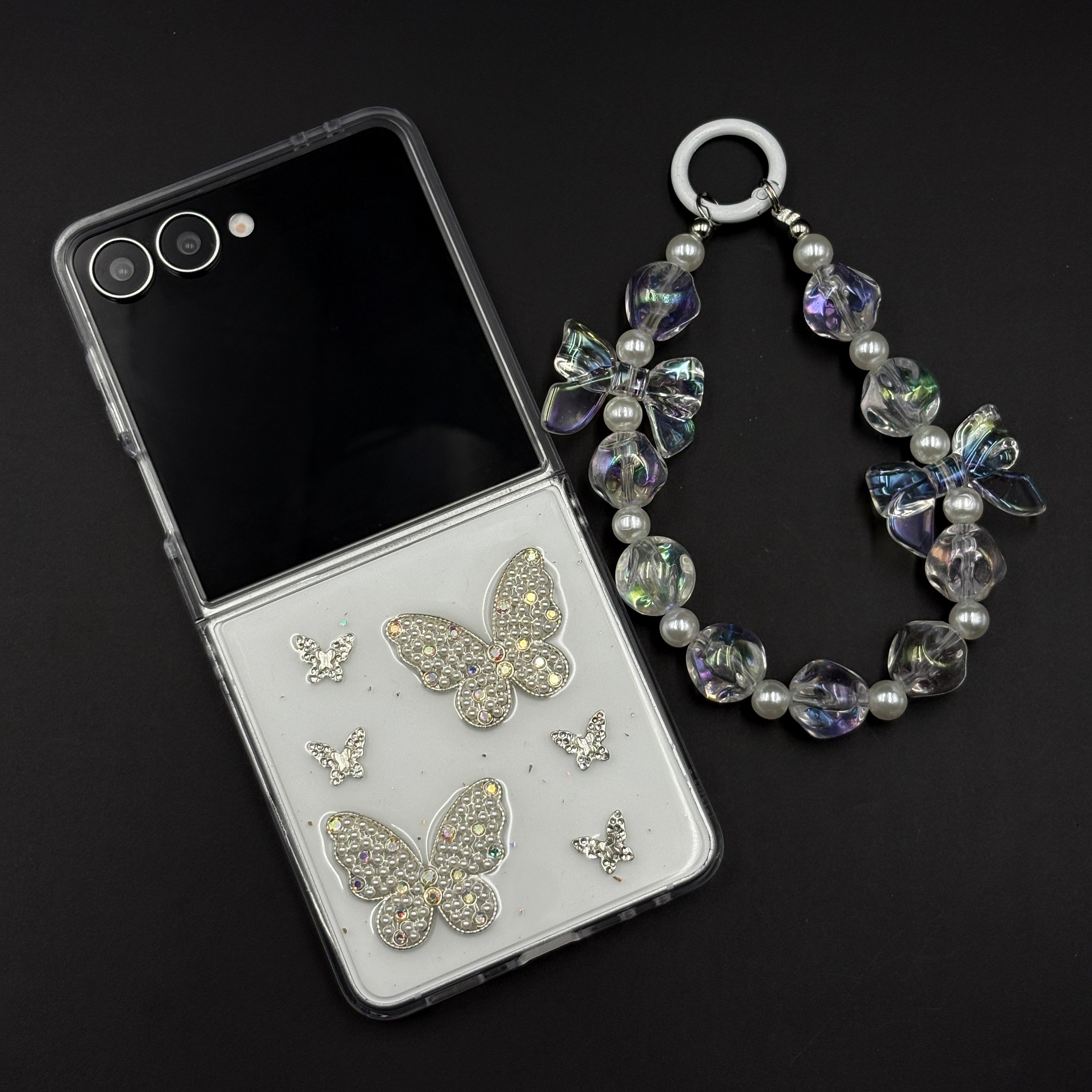Butterfly Case with Rhinestone Crystals & Beaded Charm Strap for Samsung Galaxy Z Flip 7 | Luxury Transparent Cover