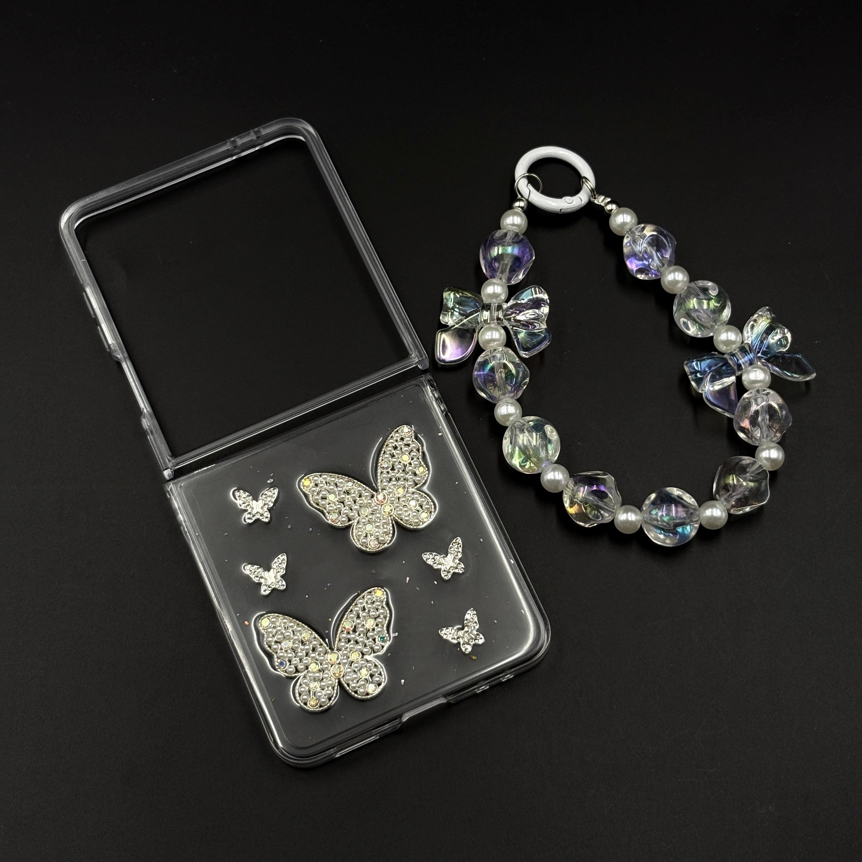 Butterfly Case with Rhinestone Crystals & Beaded Charm Strap for Samsung Galaxy Z Flip 7 | Luxury Transparent Cover