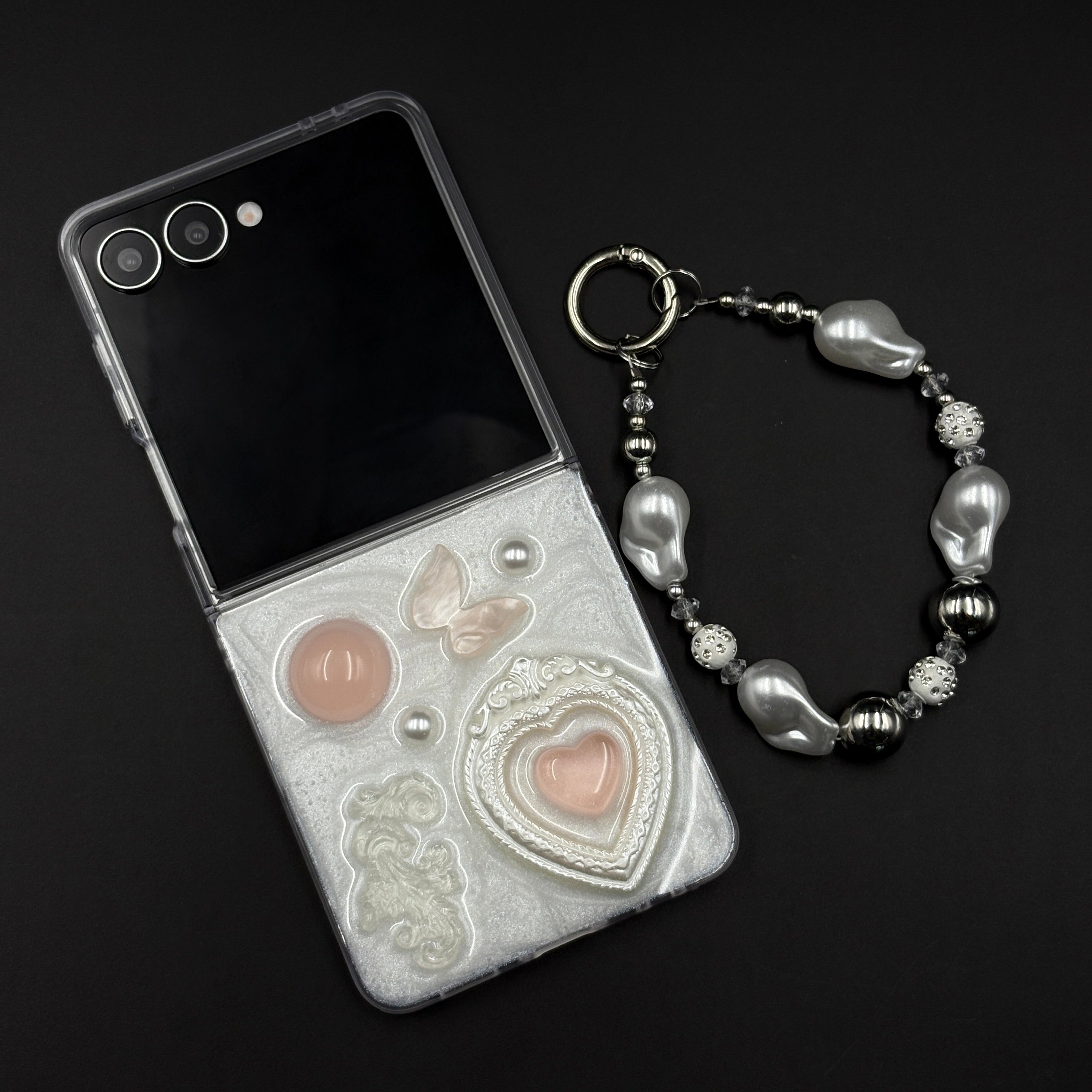 Luxury Heart Case with 3D Pearl Frame & Charm Strap for Samsung Galaxy Flip 7 | Elegant Protective Cover