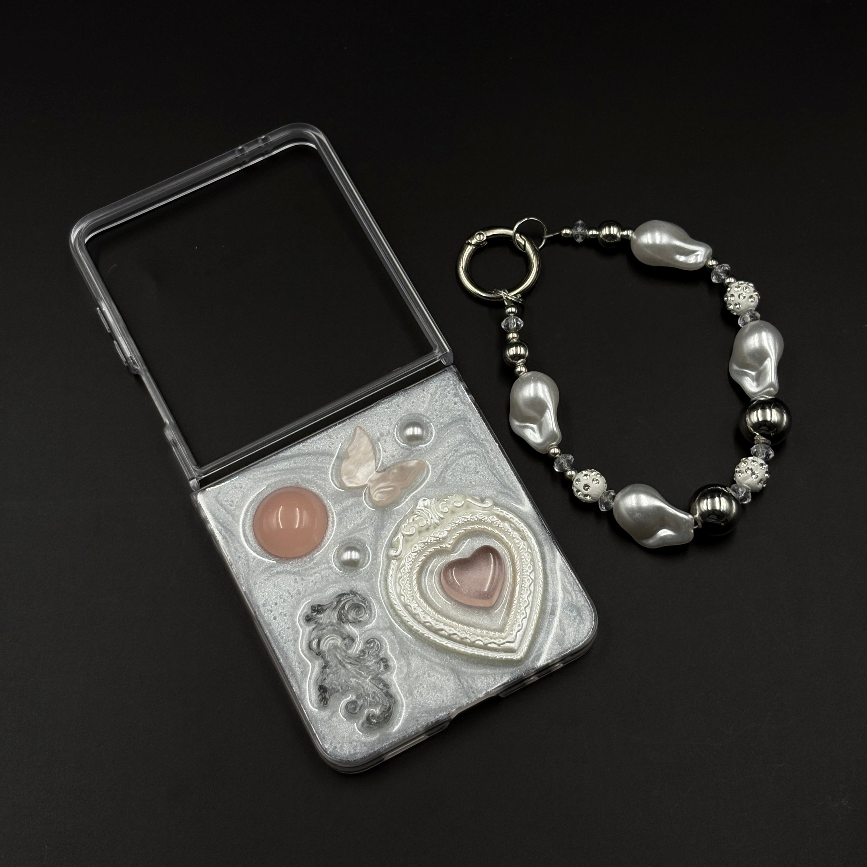 Luxury Heart Case with 3D Pearl Frame & Charm Strap for Samsung Galaxy Flip 7 | Elegant Protective Cover