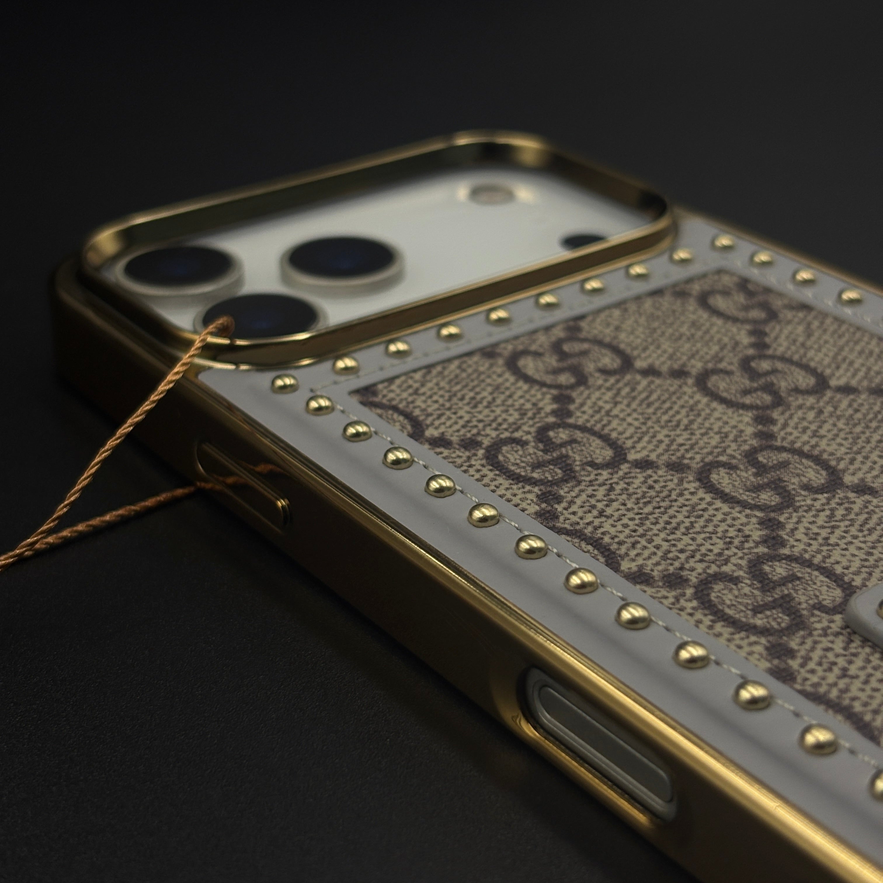 Gold Chrome Border GG Monogram Case for iPhone 17 Series