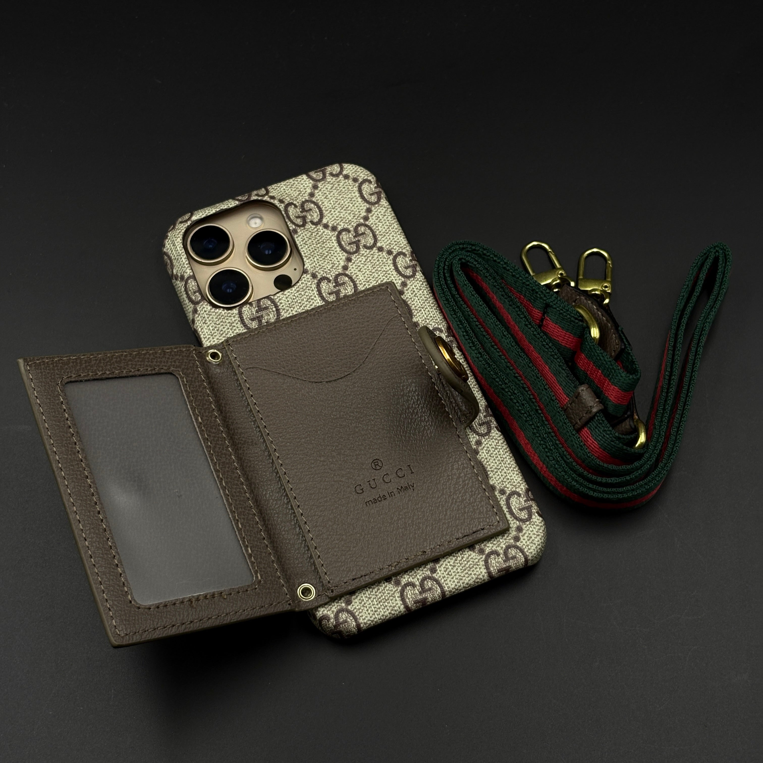iPhone Luxury GG Stripe Leather Wallet Case with Cardholder & Crossbody Sling