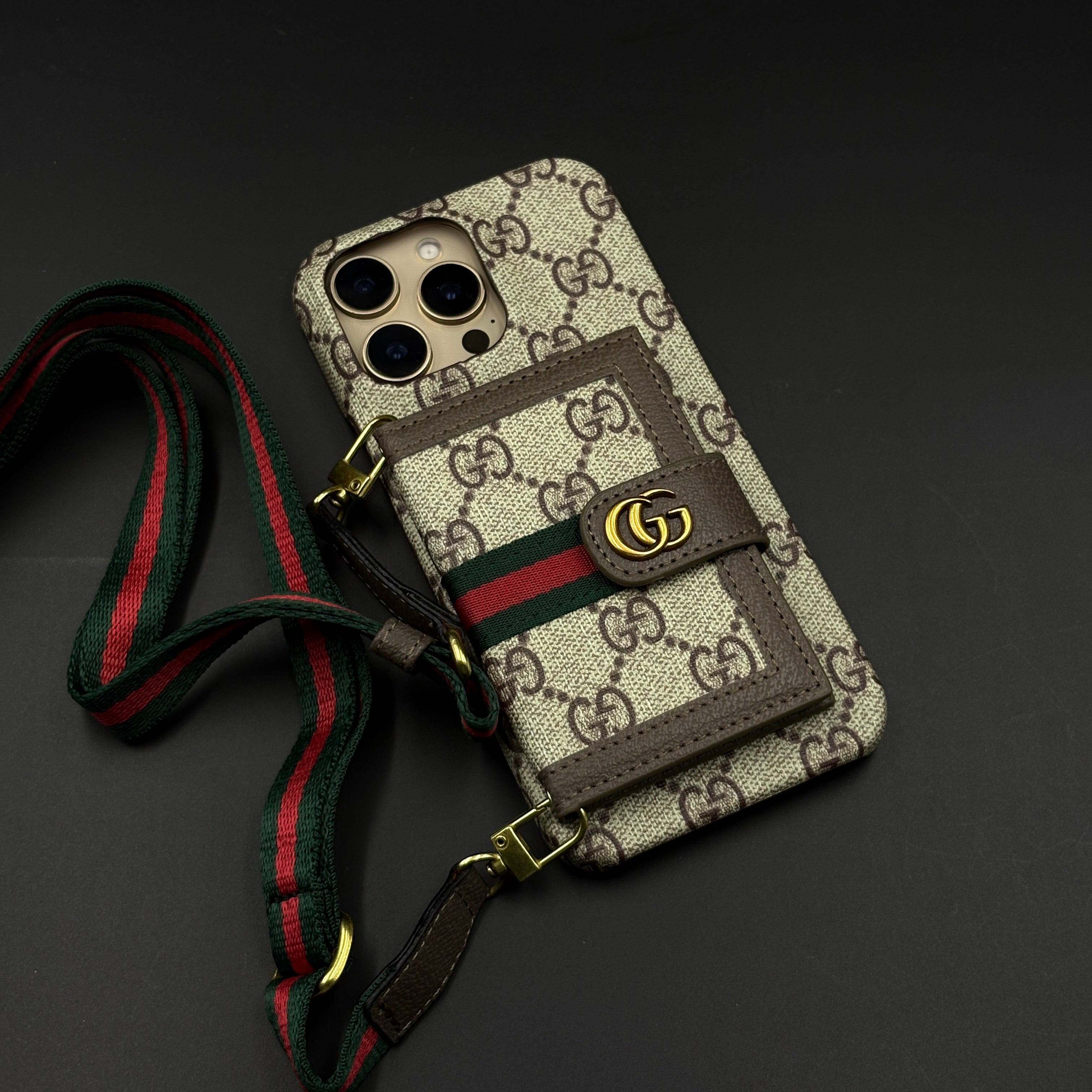 iPhone Luxury GG Stripe Leather Wallet Case with Cardholder & Crossbody Sling