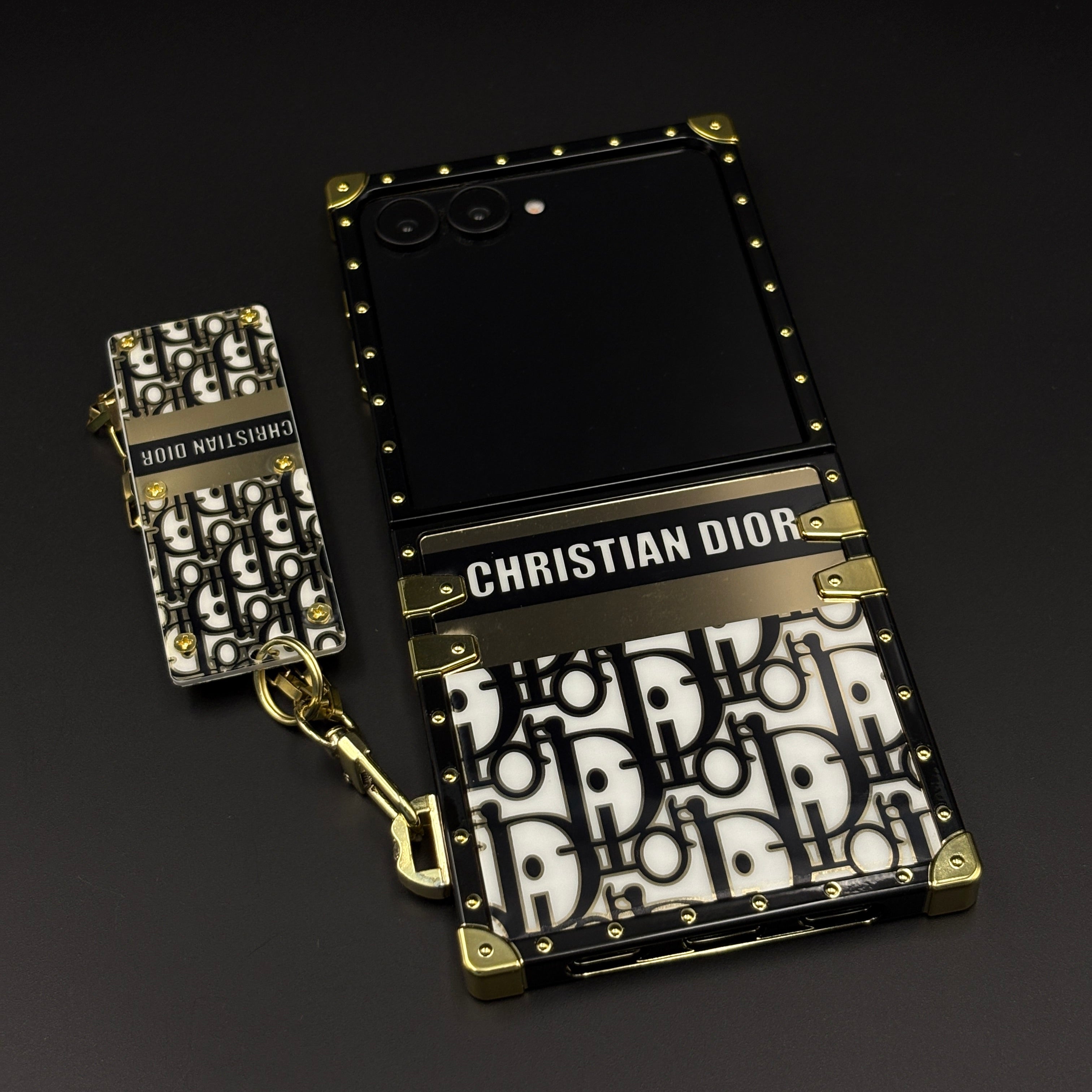 Luxury Trunk CD Case with Chain for Samsung Galaxy Z Flip 7 Designer Metal Frame | Gold Monogram