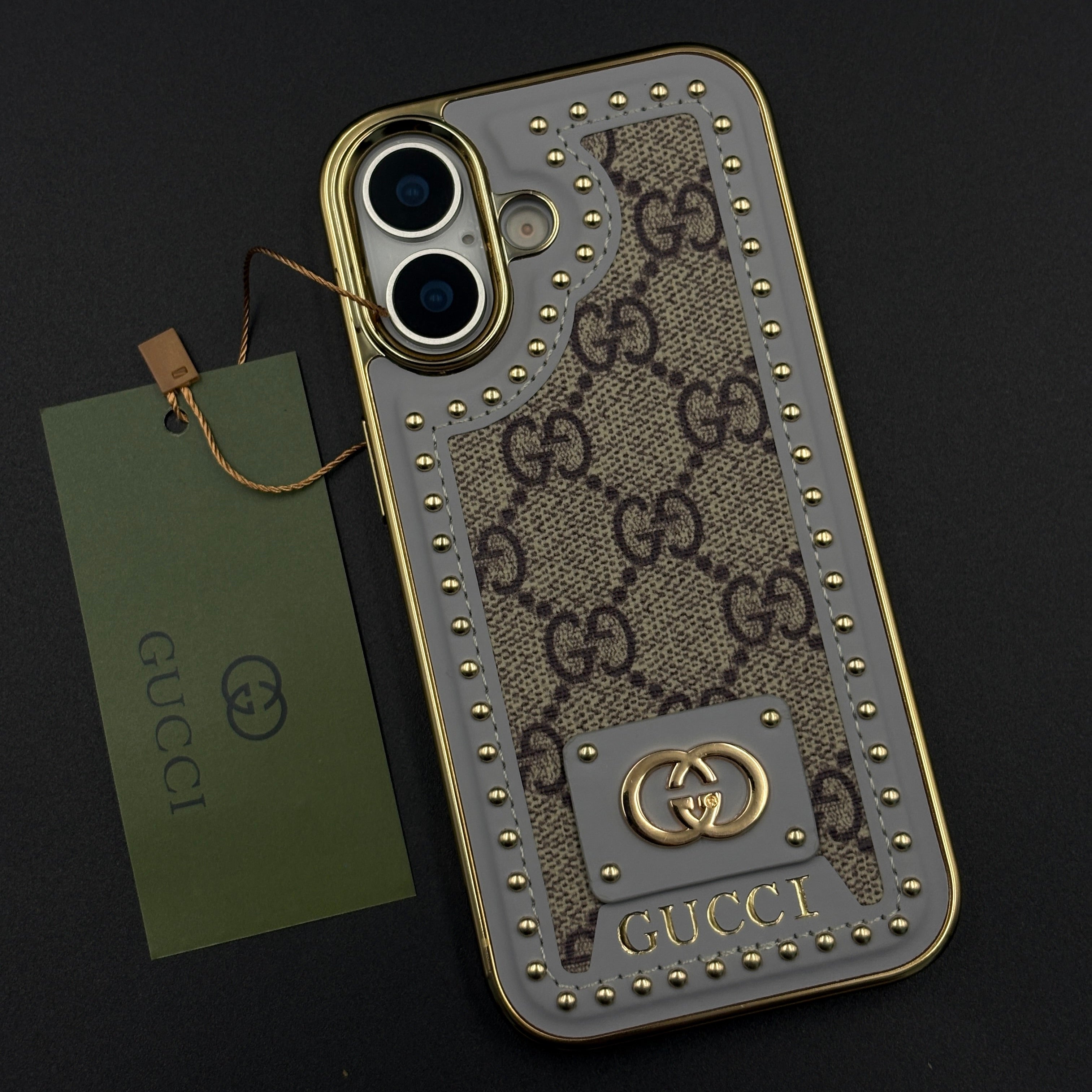 Gold Chrome Border GG Monogram Case for iPhone 17
