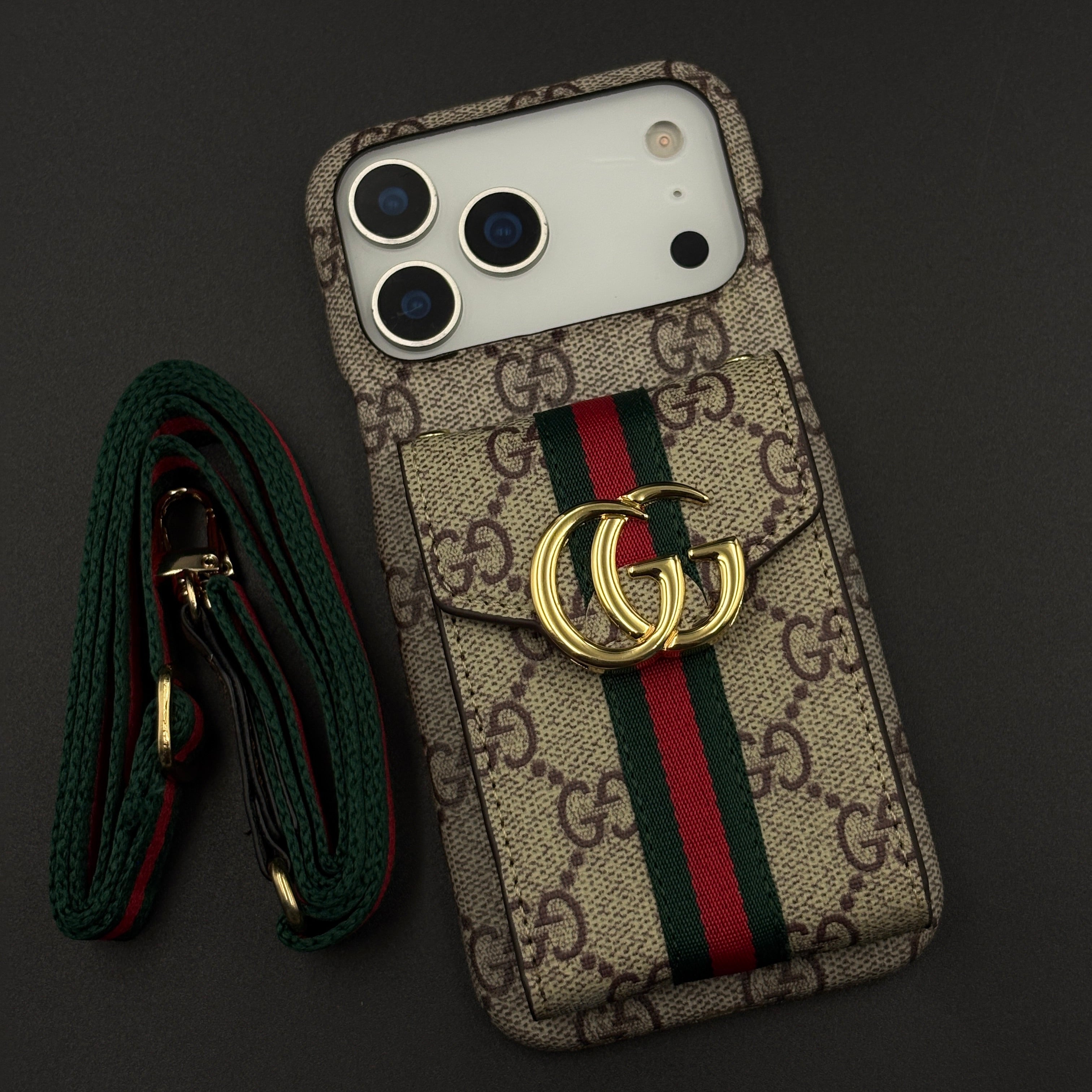 Luxury GG Stripe Monogram Cardholder Sling Case for iPhone 17 Series