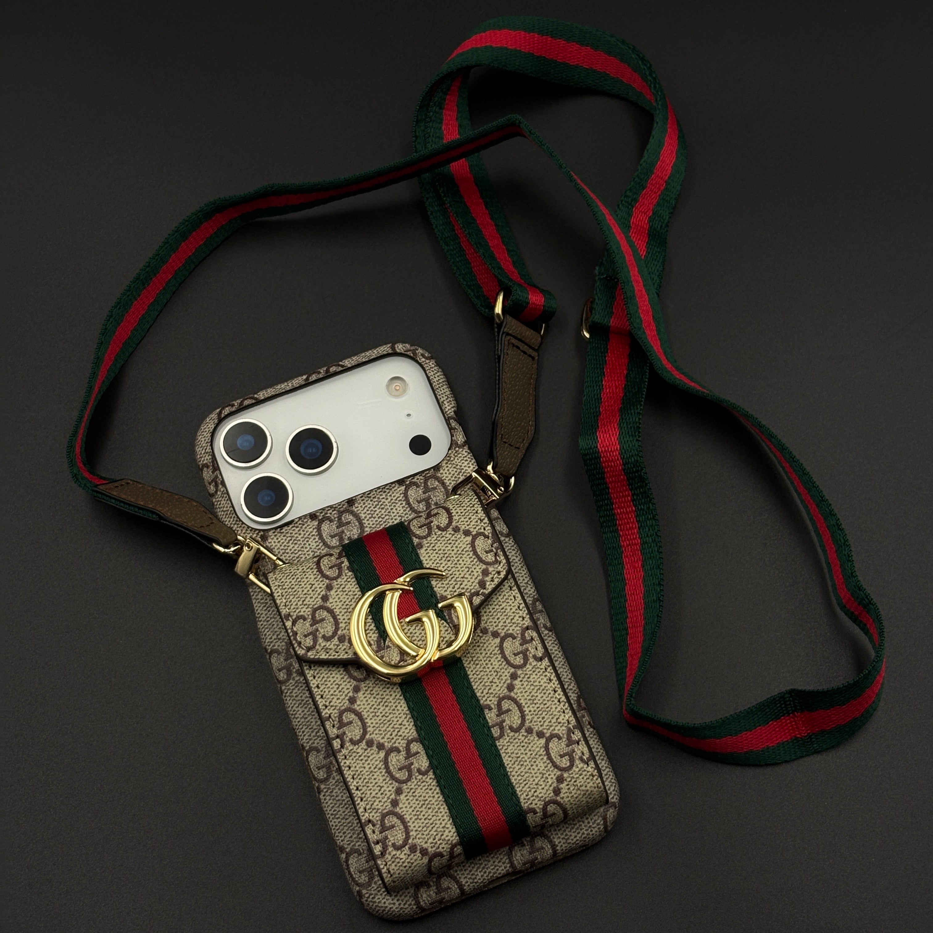 Luxury GG Stripe Monogram Cardholder Sling Case for iPhone 17 Series