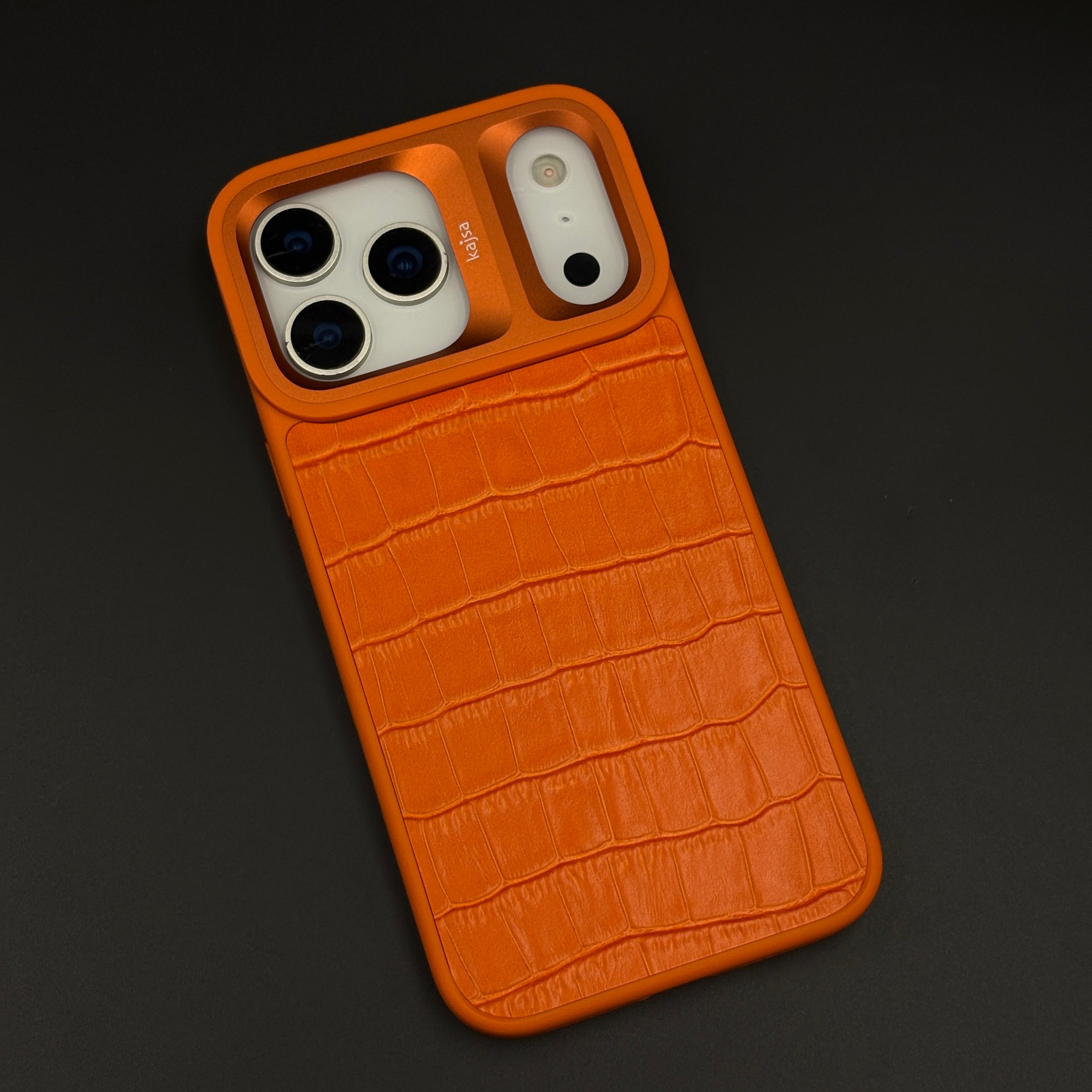 Crocodile Embossed Leather Mobile Case Cover with AI Button for iPhone 17 Series | Orange Metal Frame Protection