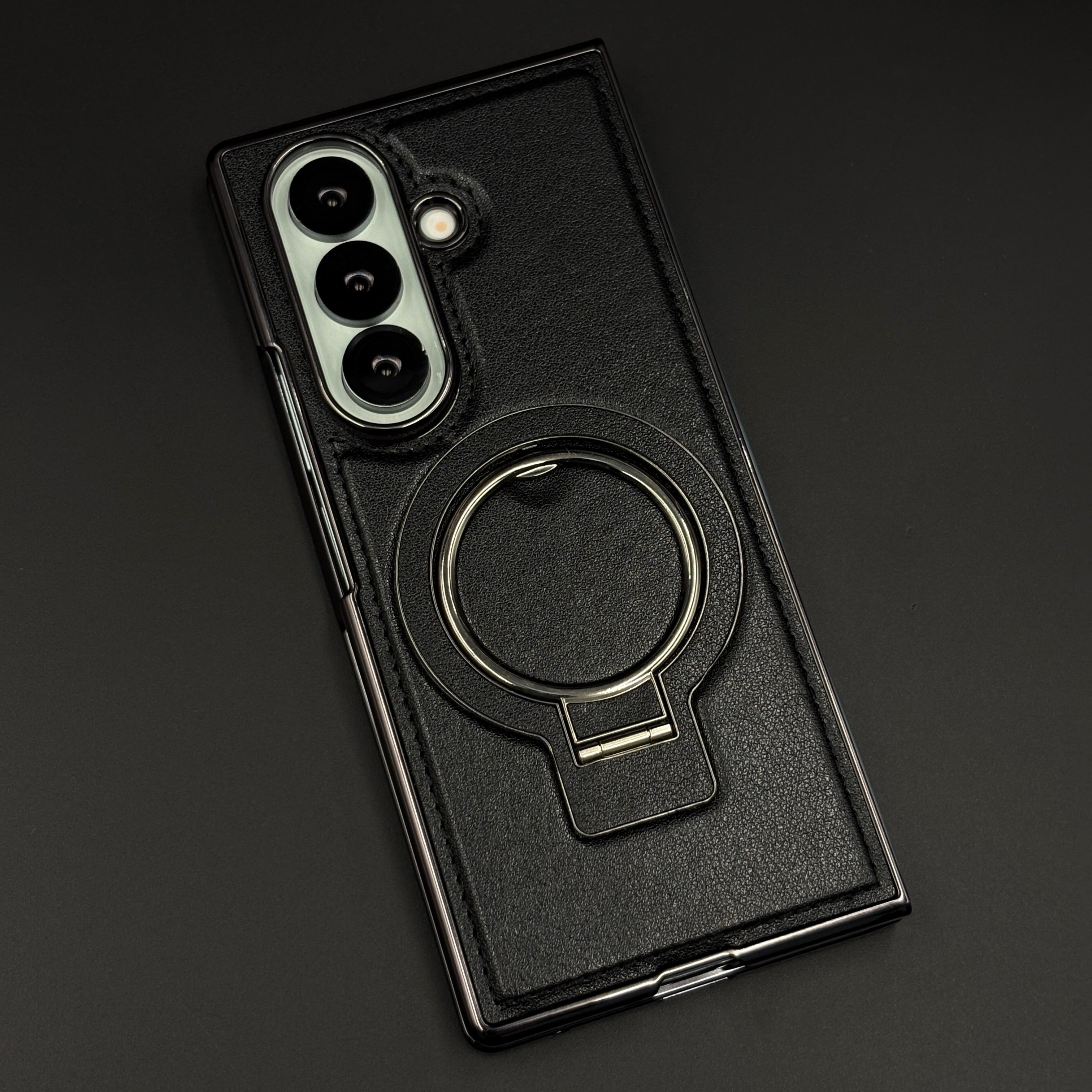 Stitched Leather Rotating Metal Stand MagSafe Mobile Case Cover for Samsung Galaxy Z Fold 7 | Front Screen Protector Included