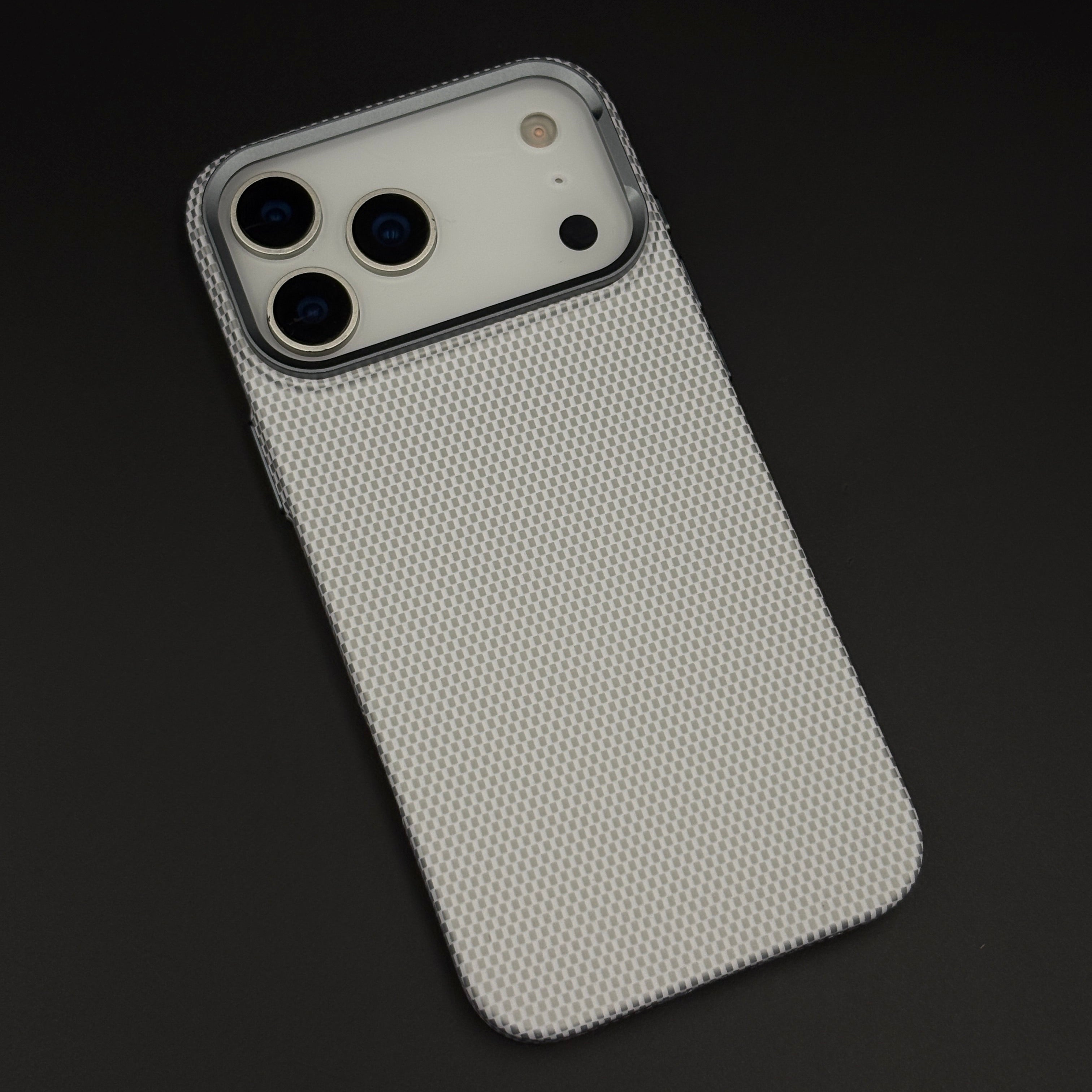 Pearl White Carbon Fibre Feel Hidden MagSafe Mobile Case Cover for iPhone 17 Series | Slim Protective Shell