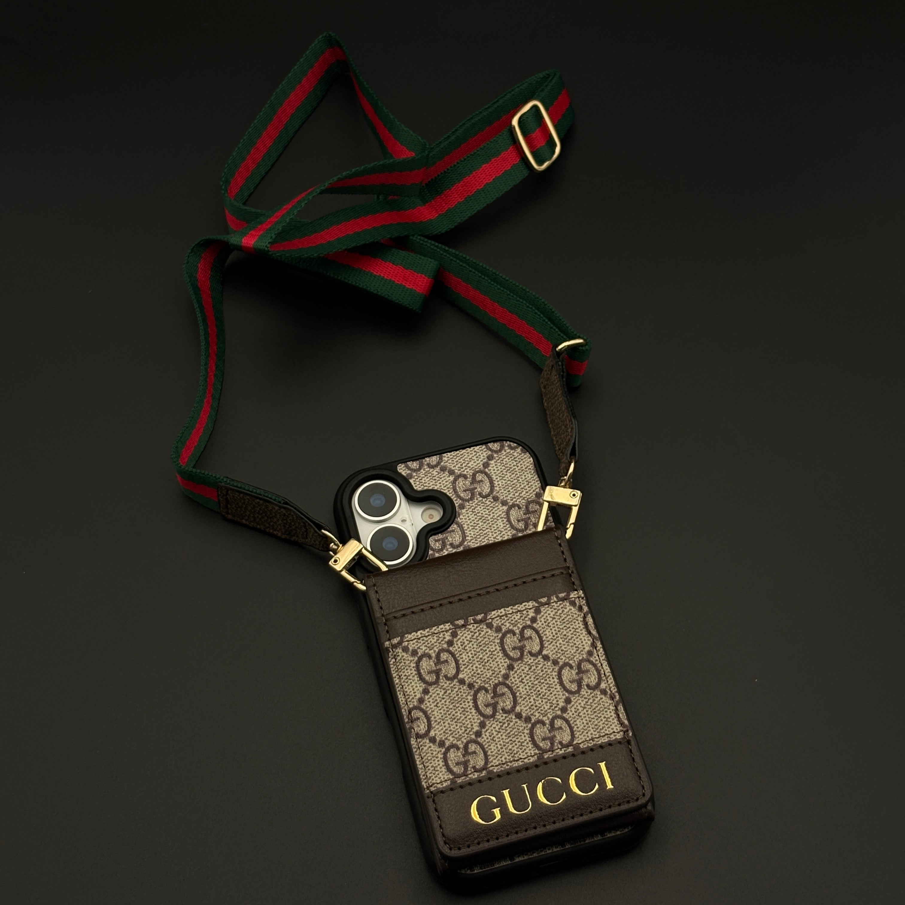 Luxury GG Monogram Cardholder Sling Case with Mirror for iPhone 17