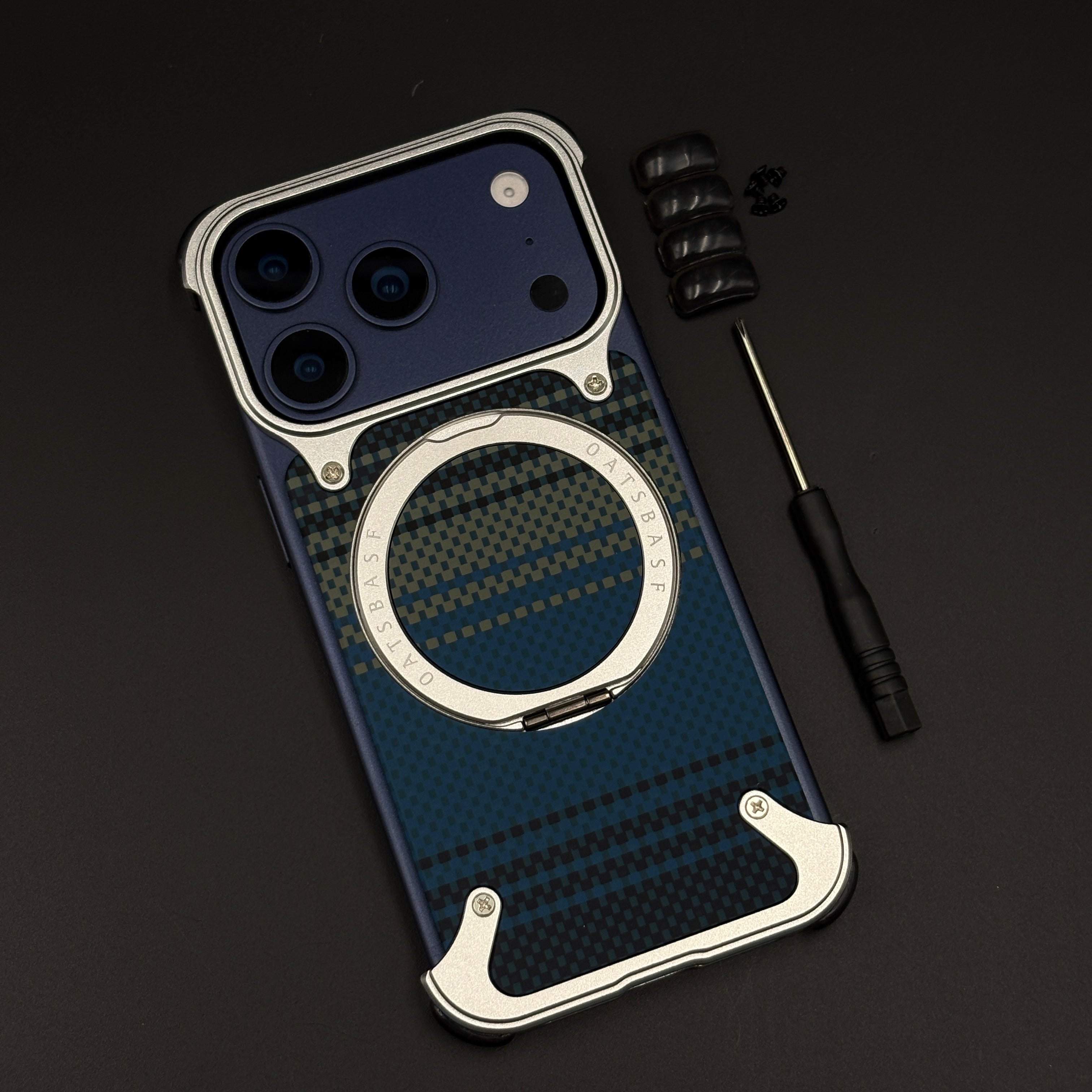 Teal Plaid Frameless Carbon Fiber MagSafe Case for iPhone 17 Series | Rotating Kickstand Bumper with Corners