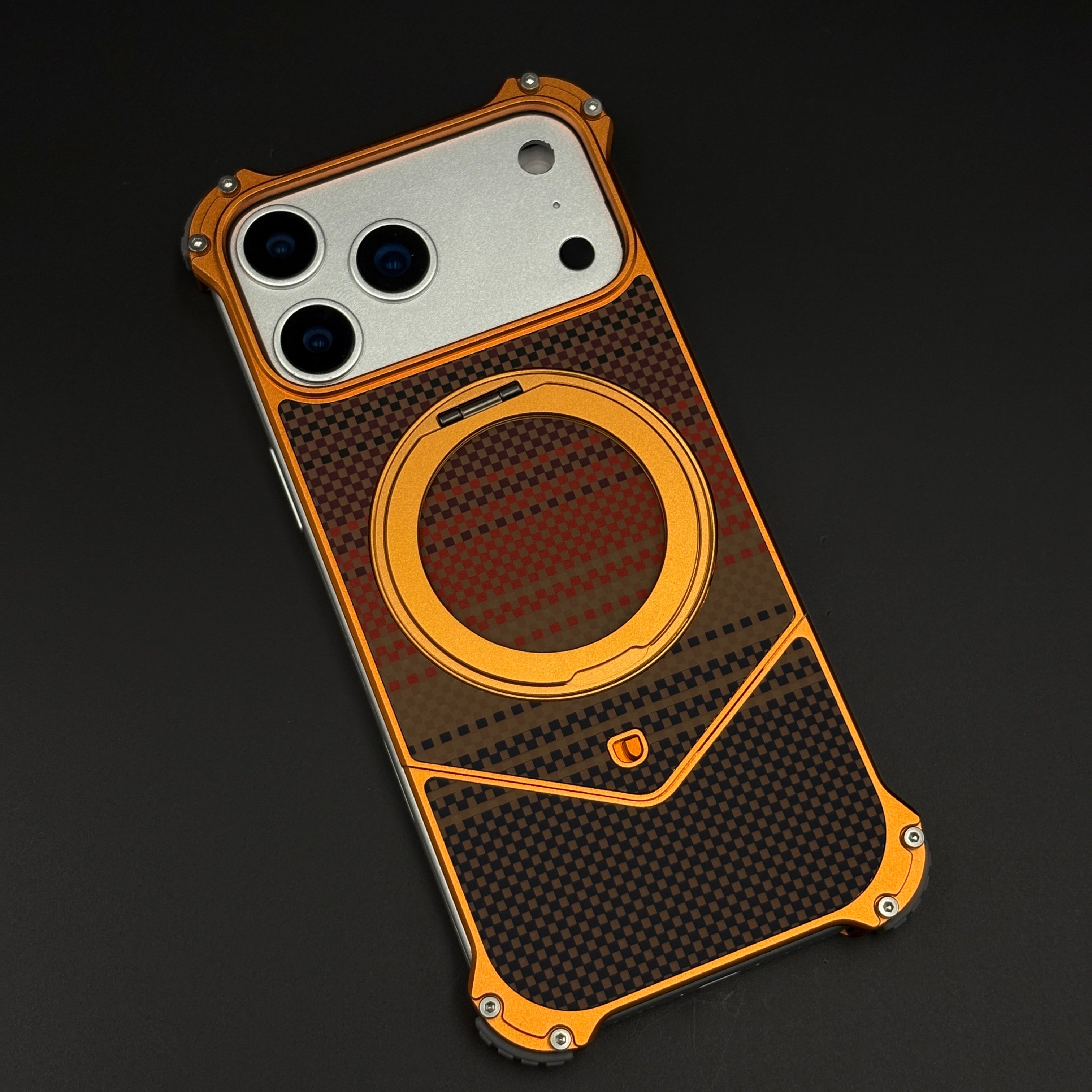 Terracotta Orange Frameless Carbon Fiber MagSafe Case for iPhone 17 Series | Rotating Kickstand Bumper with Corners