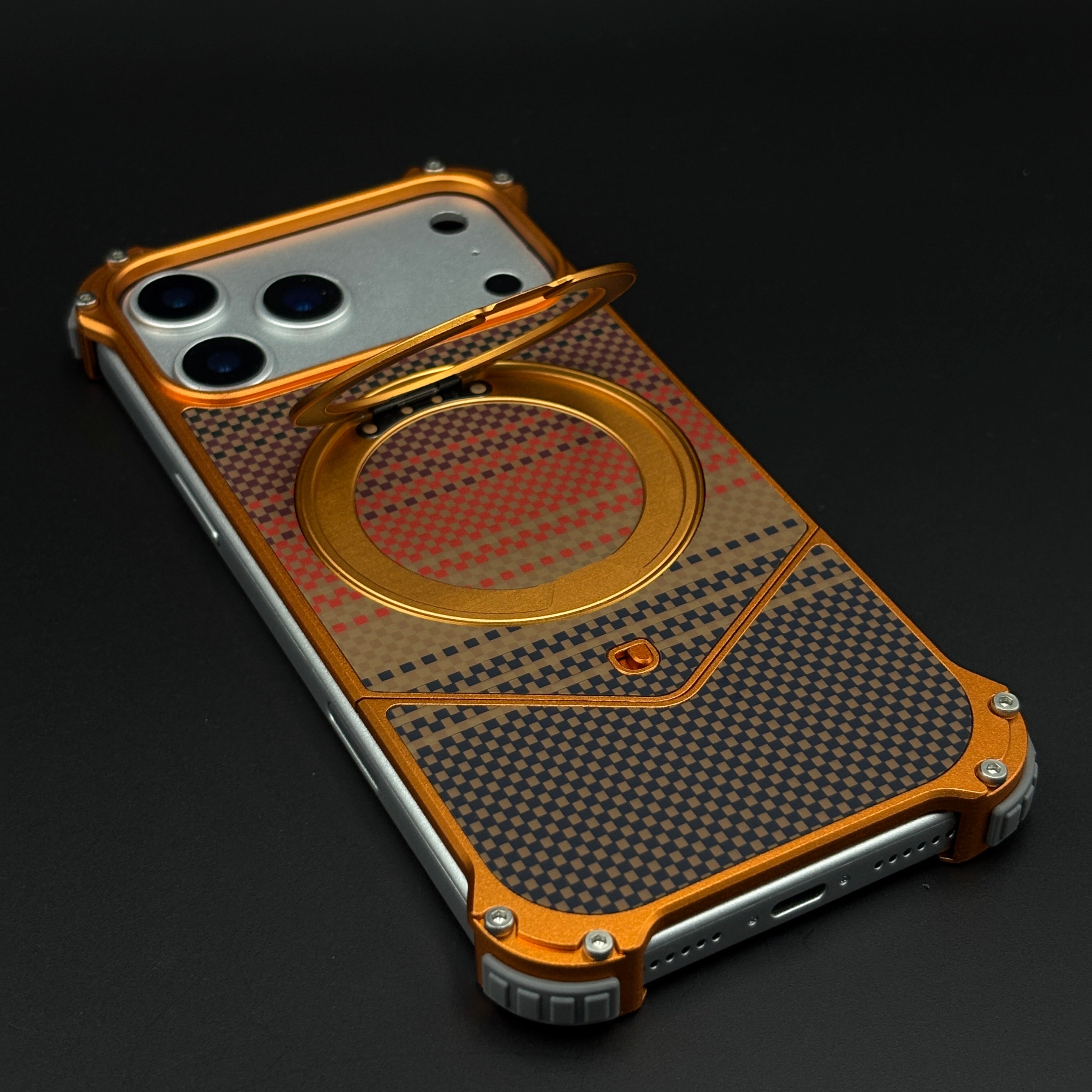 Terracotta Orange Frameless Carbon Fiber MagSafe Case for iPhone 17 Series | Rotating Kickstand Bumper with Corners