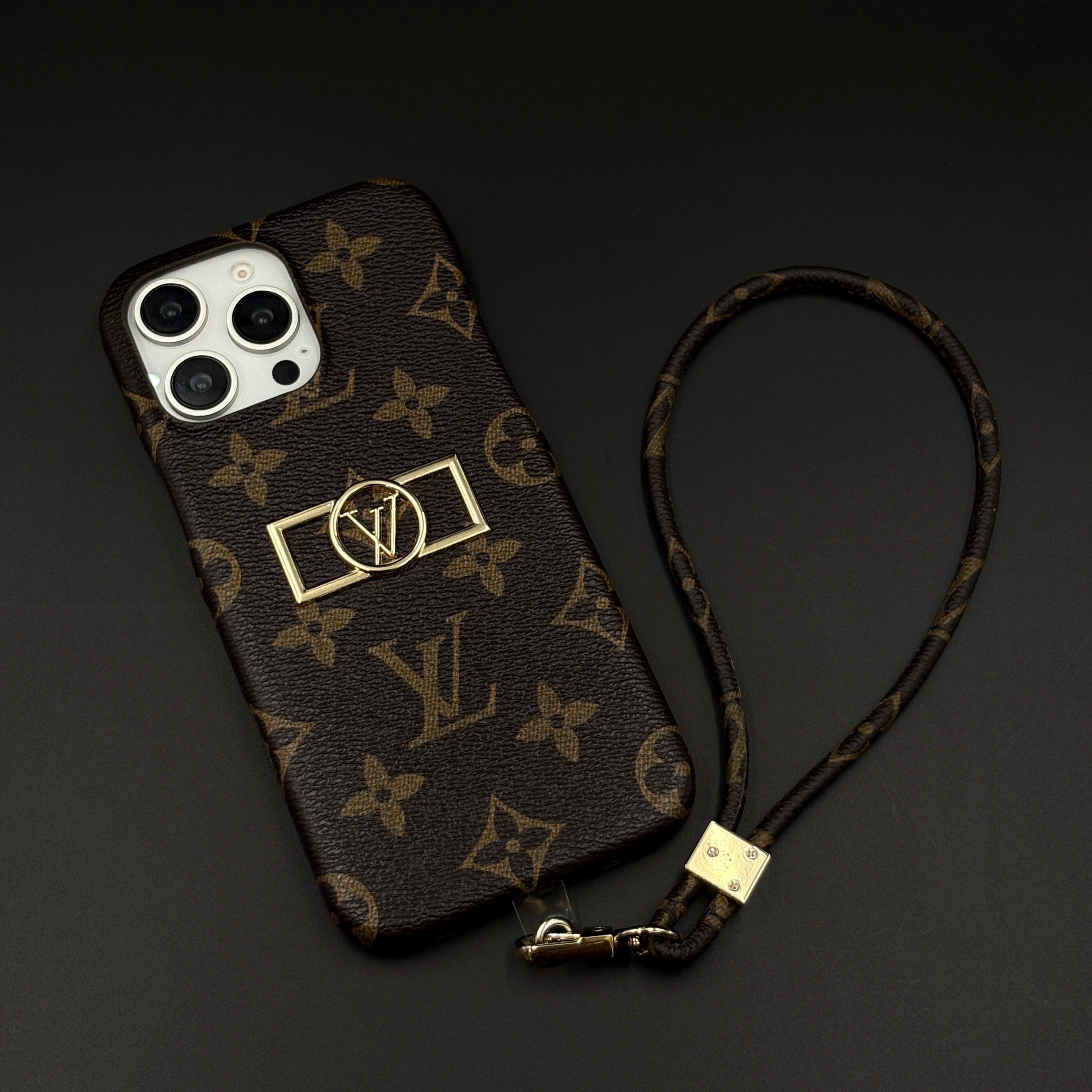 iPhone Monogram Leather Case | Luxury Brand Hand Strap | Elegant Metal Detailing