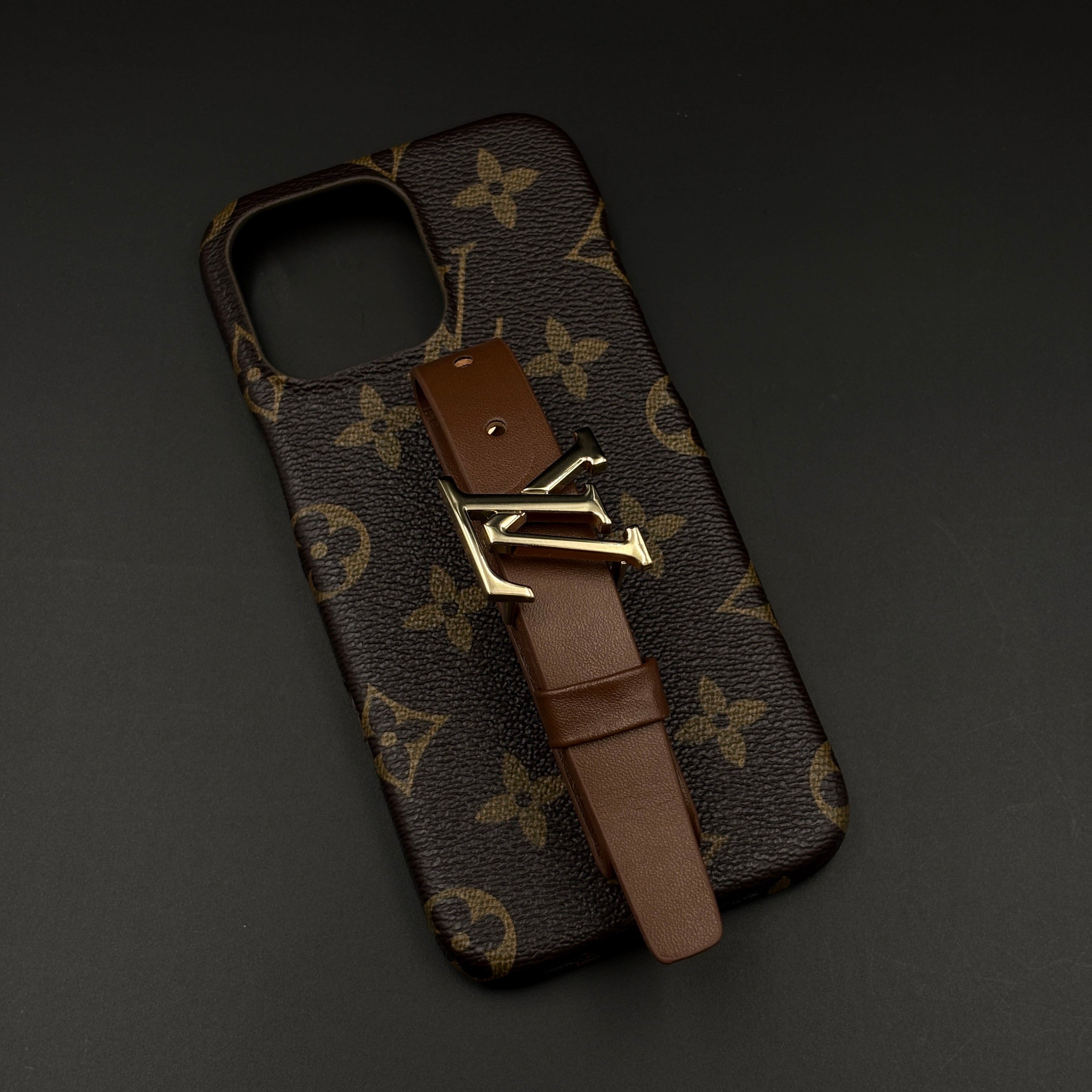 Designer Brand Pattern Leather Belt Strap Case for iPhone | Premium Monogram | Fashion Buckle Holder