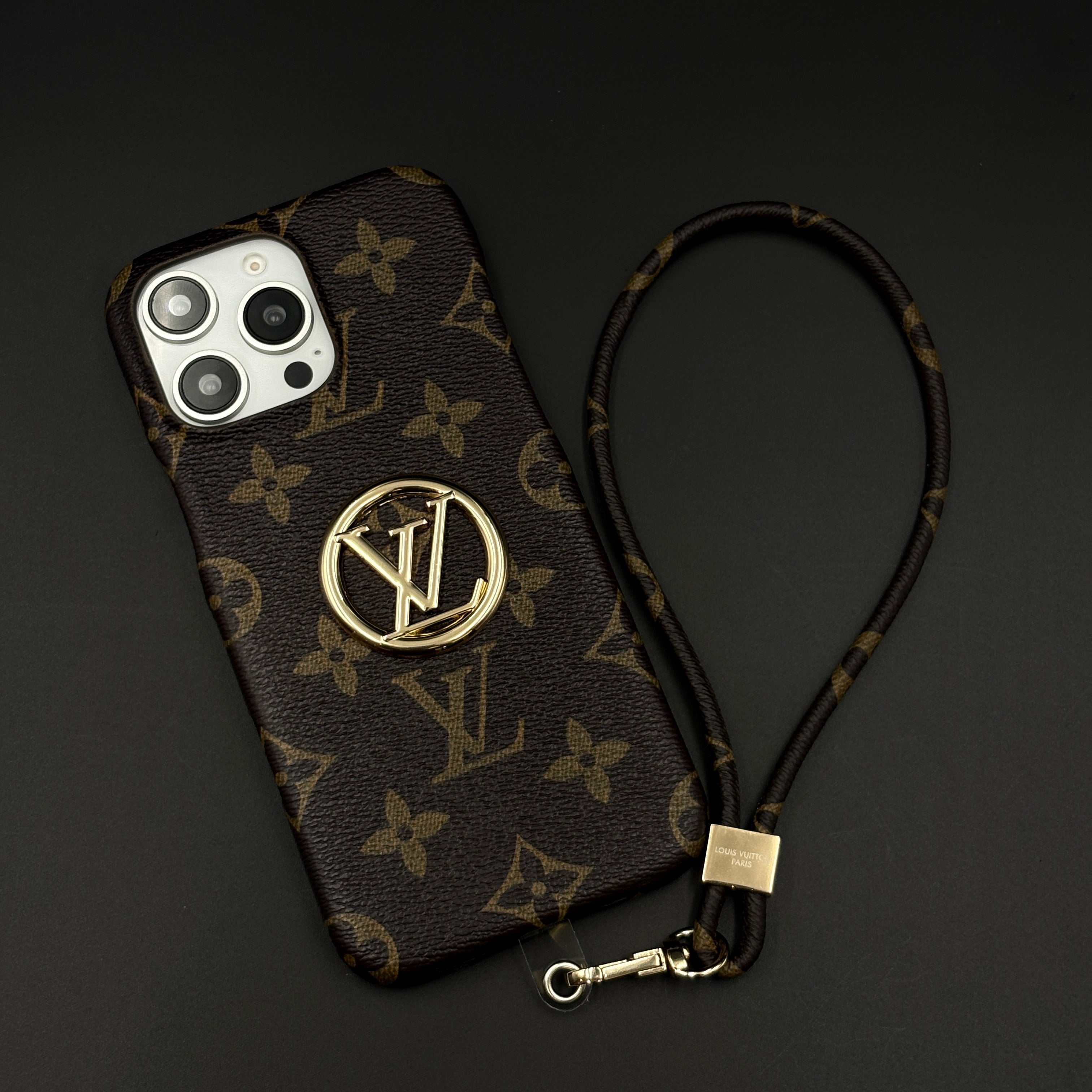 iPhone Monogram Leather Case | Luxury Brand Hand Strap | Elegant Metal Detailing