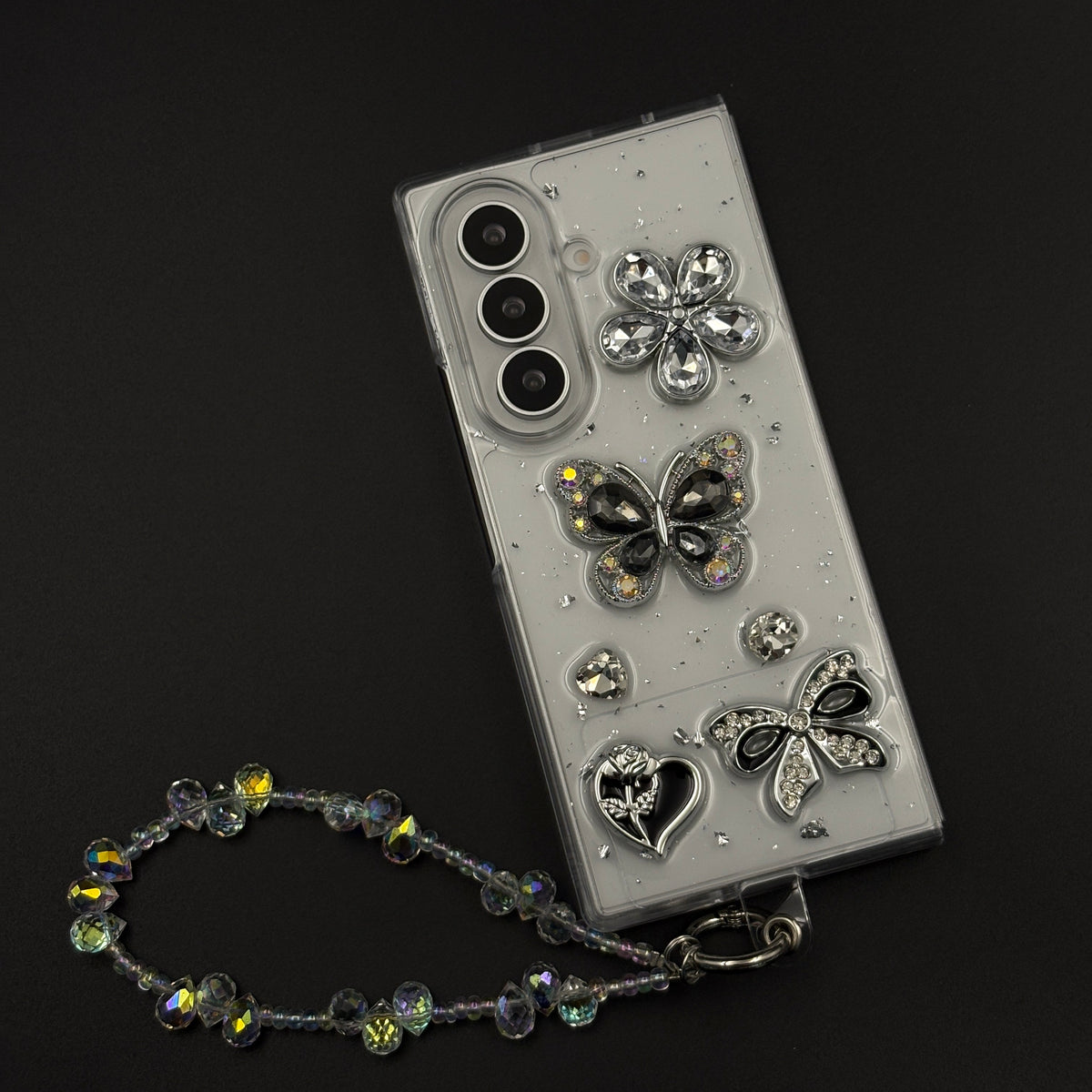 Rhinestone Butterfly Floral & Bow Charm Case with Beaded Sling for Samsung Galaxy Z Fold 8 Ultra