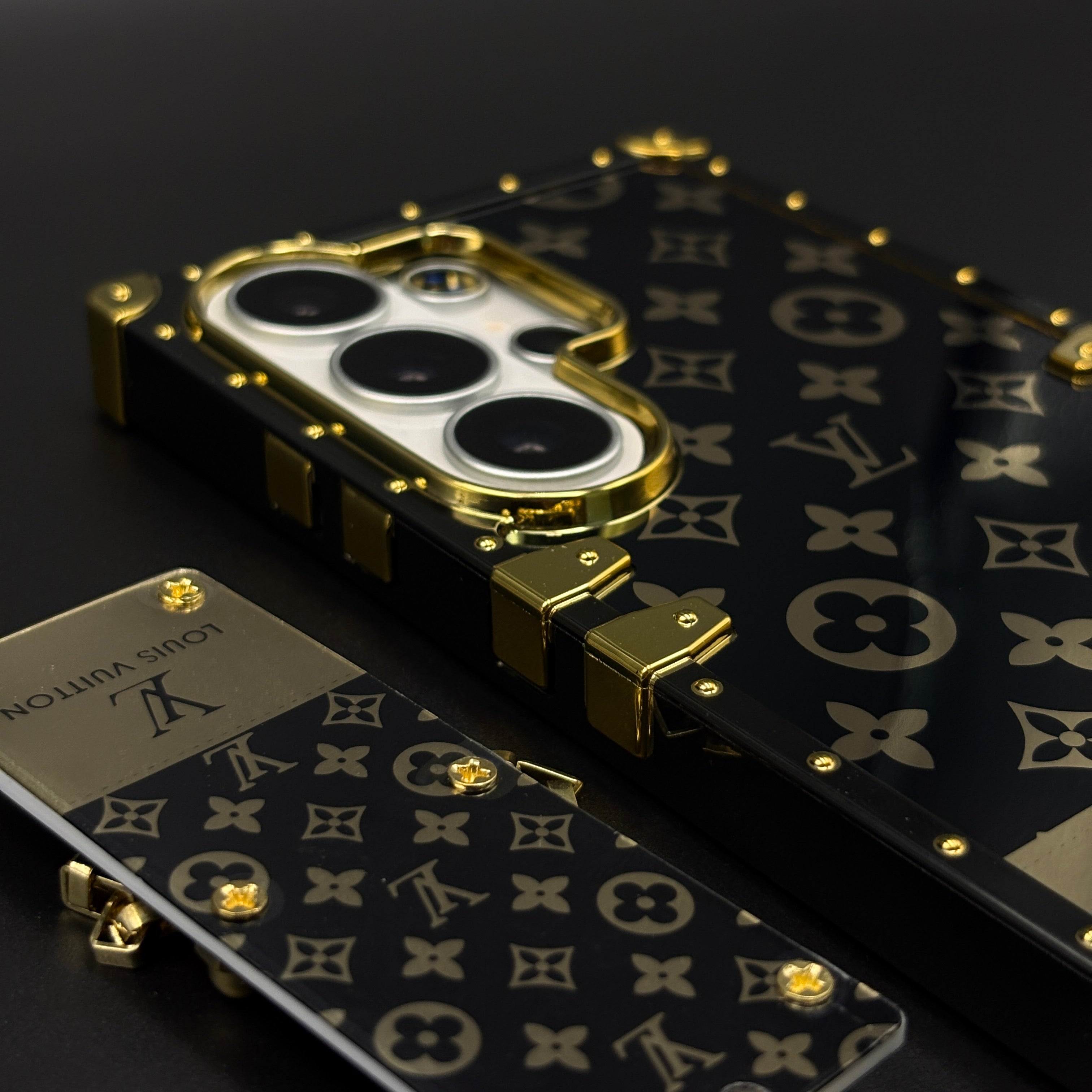 Black Gold Monogram Square Trunk Mobile Case Cover with Chain Strap for Samsung Galaxy S26 Ultra