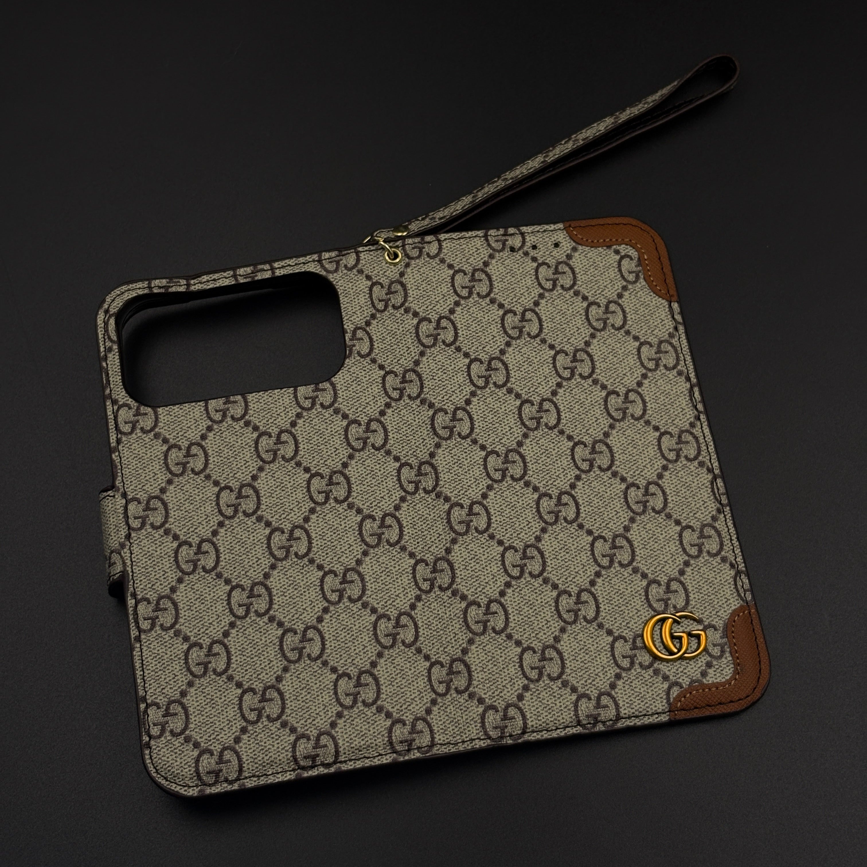 GG Monogram Flip Wallet Case for iPhone 17 Series with Card Slots | ID Window & Wrist Strap