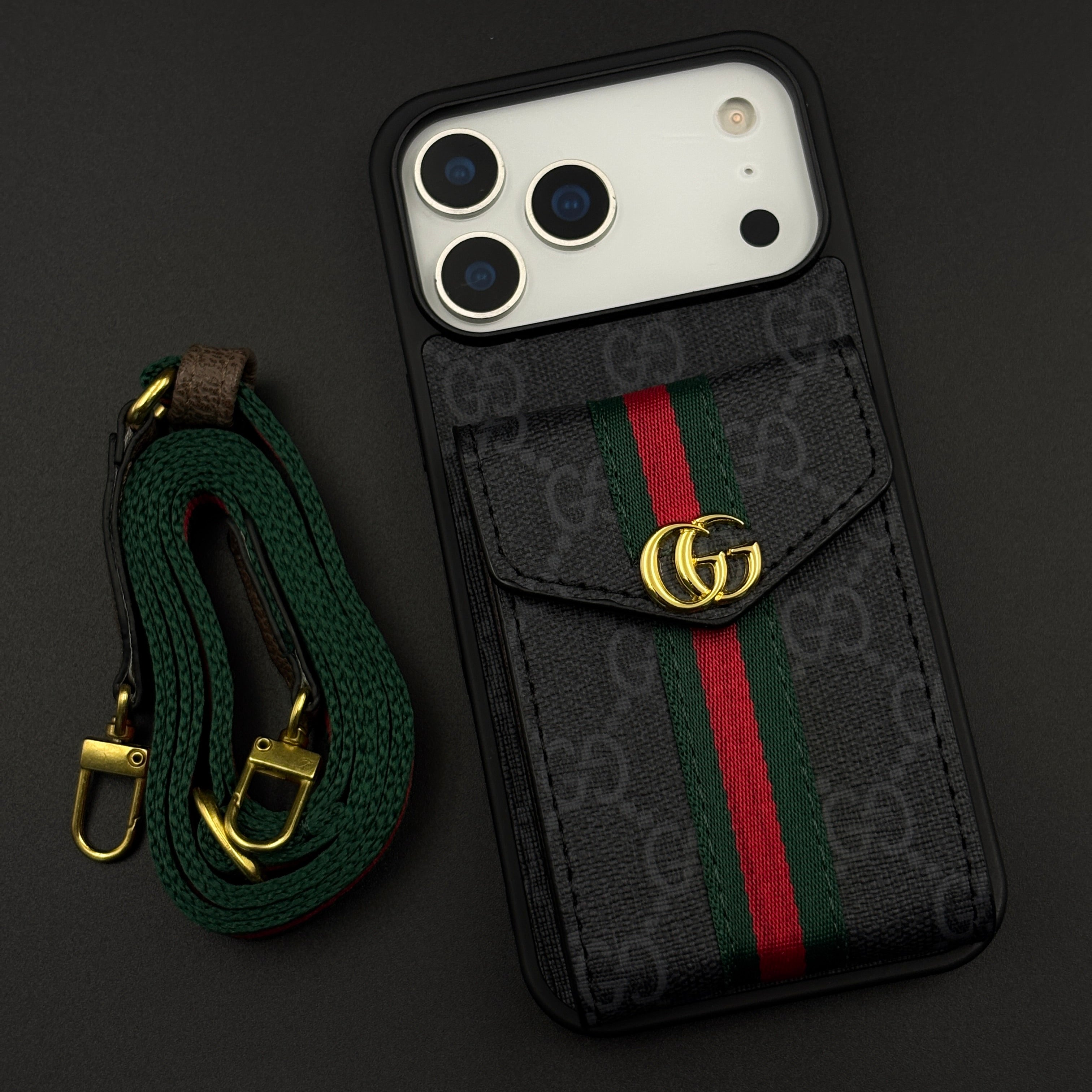 Luxury Monogram Wallet Cardholder Crossbody Black Case for iPhone 17 Series with Detachable Sling