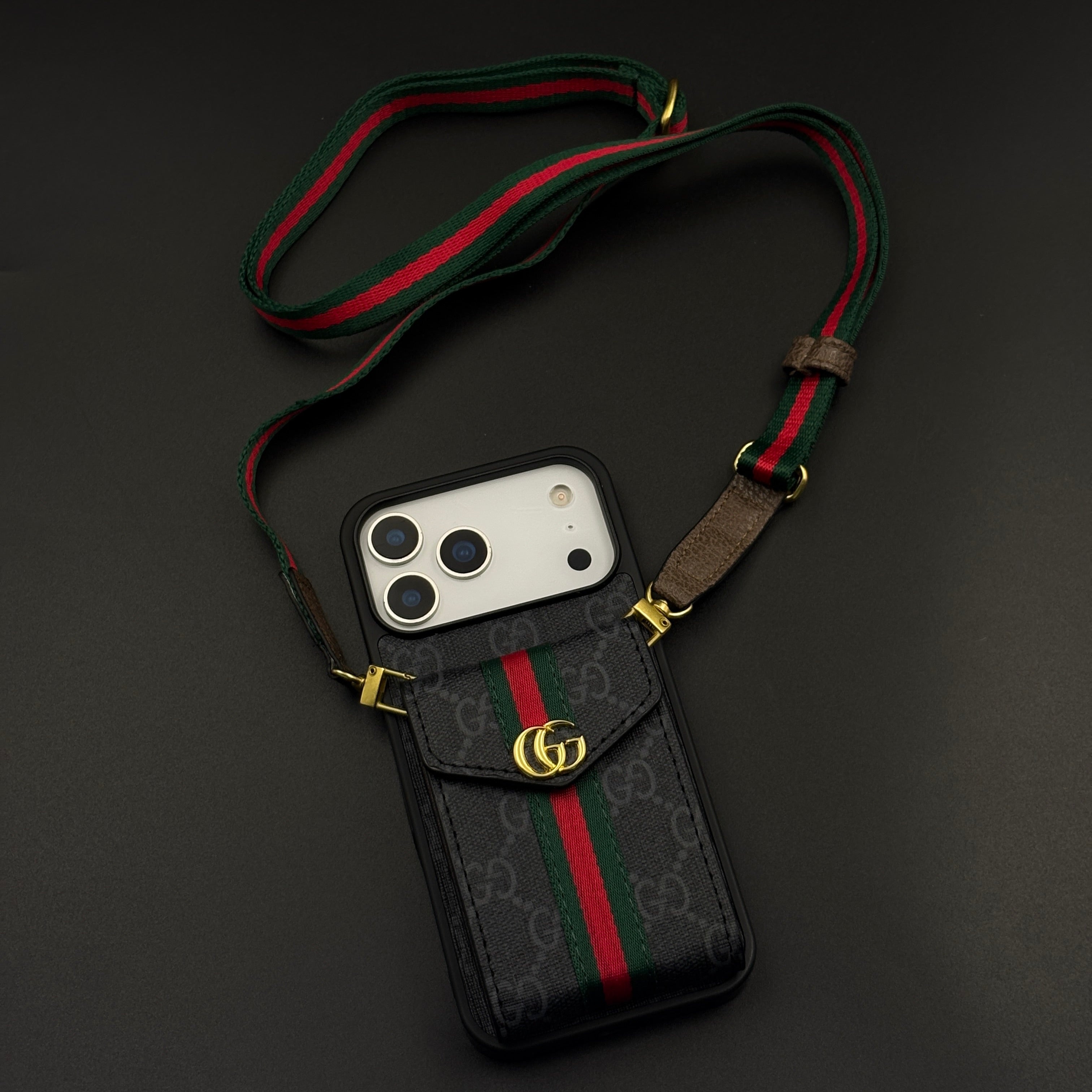 Luxury Monogram Wallet Cardholder Crossbody Black Case for iPhone 17 Series with Detachable Sling