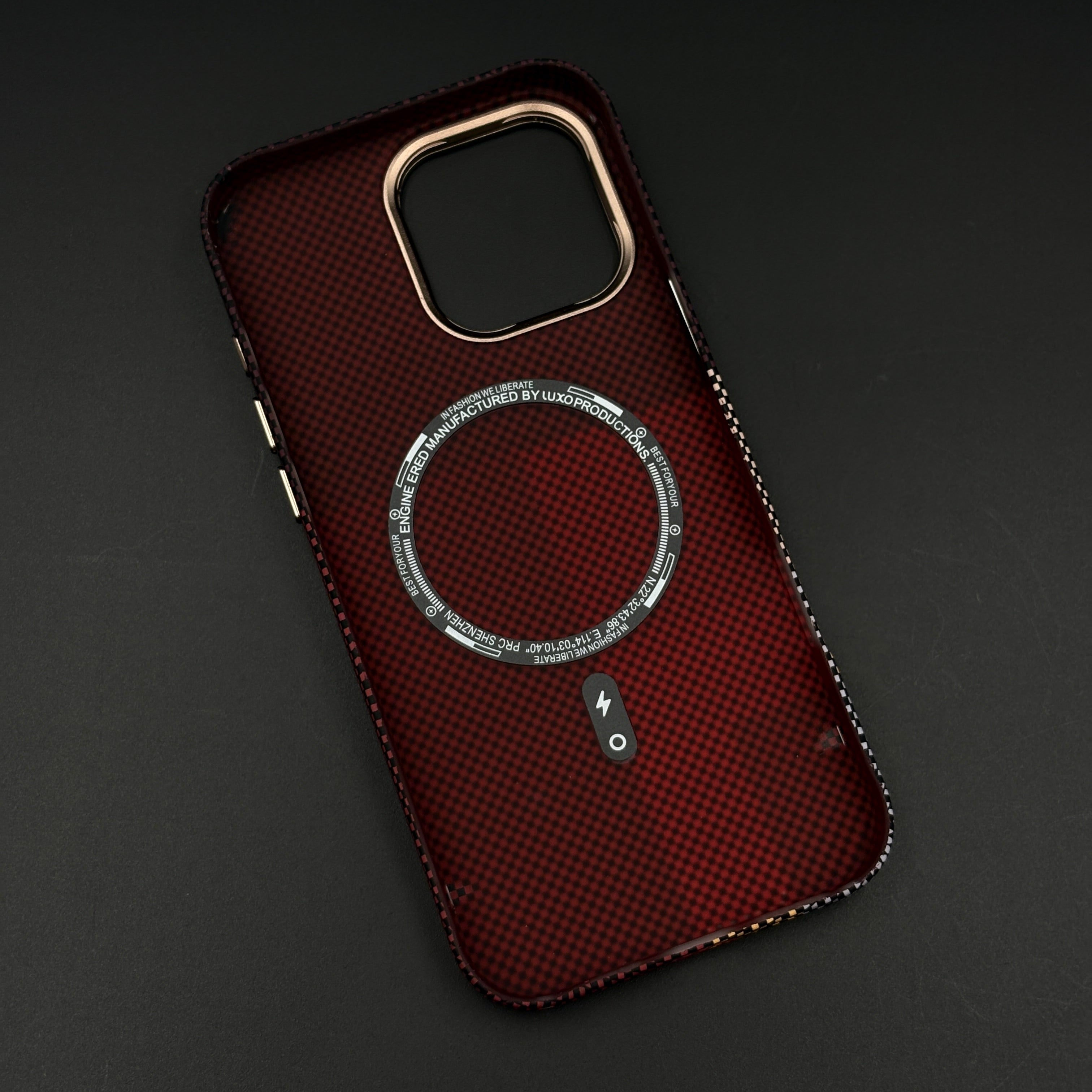 iPhone Aramid Maroon Block Case with Camera Kickstand | Carbon Fibre Feel | Modern Color Design | MagSafe Compatible